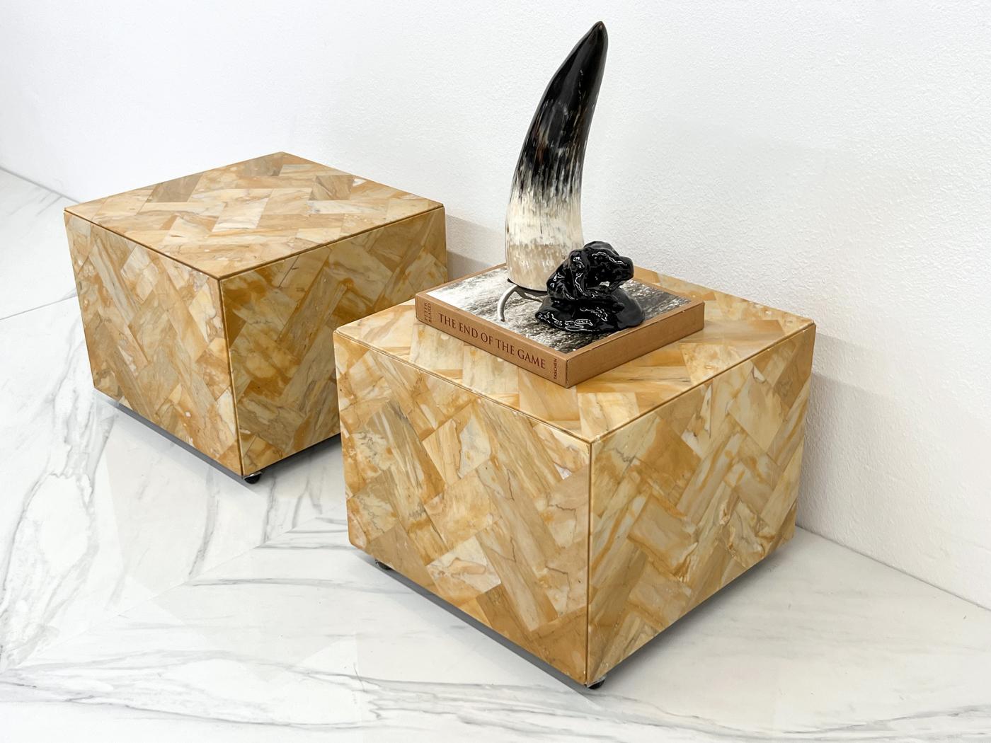 1970's Herringbone Onyx Pedestal Cocktail Tables, A Pair