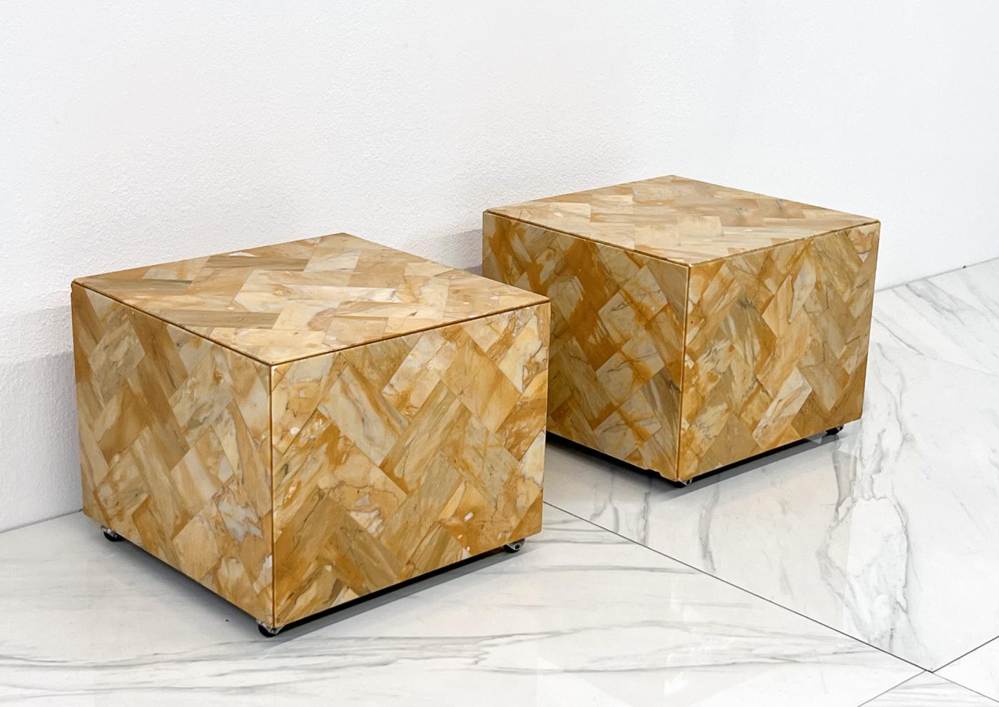 1970's Herringbone Onyx Pedestal Cocktail Tables, A Pair