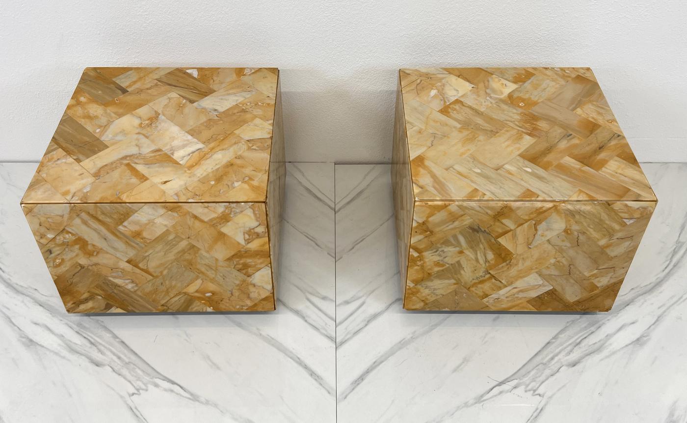 1970's Herringbone Onyx Pedestal Cocktail Tables, A Pair