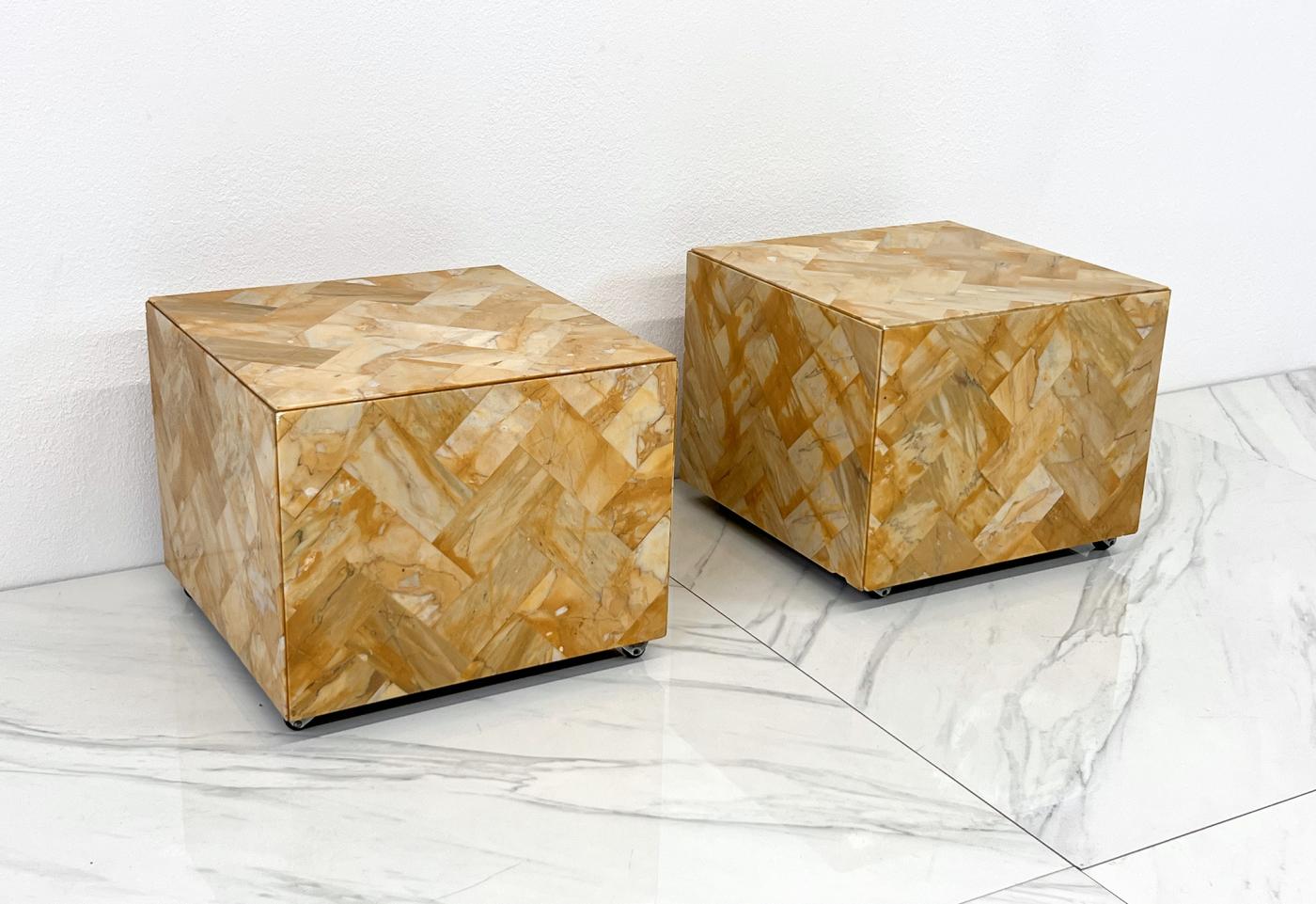 1970's Herringbone Onyx Pedestal Cocktail Tables, A Pair