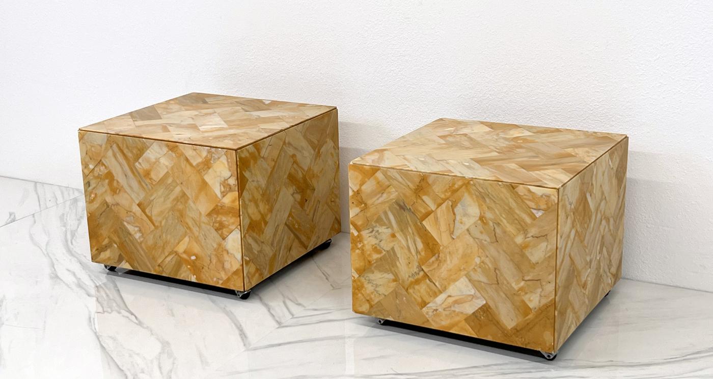 1970's Herringbone Onyx Pedestal Cocktail Tables, A Pair