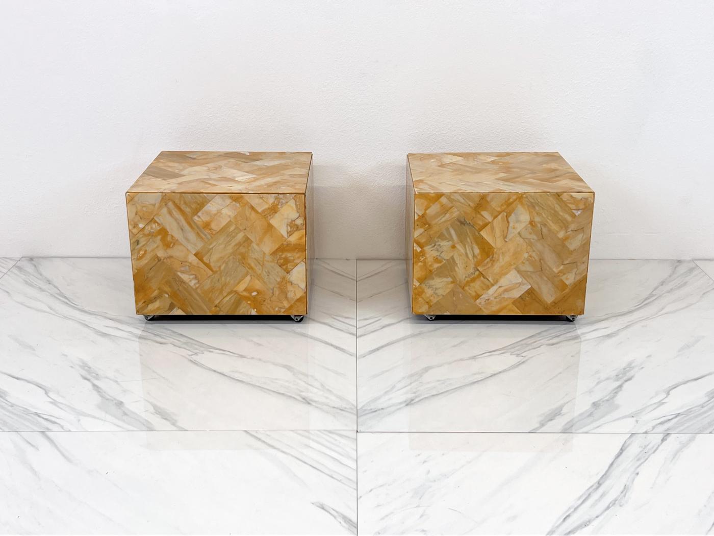 1970's Herringbone Onyx Pedestal Cocktail Tables, A Pair