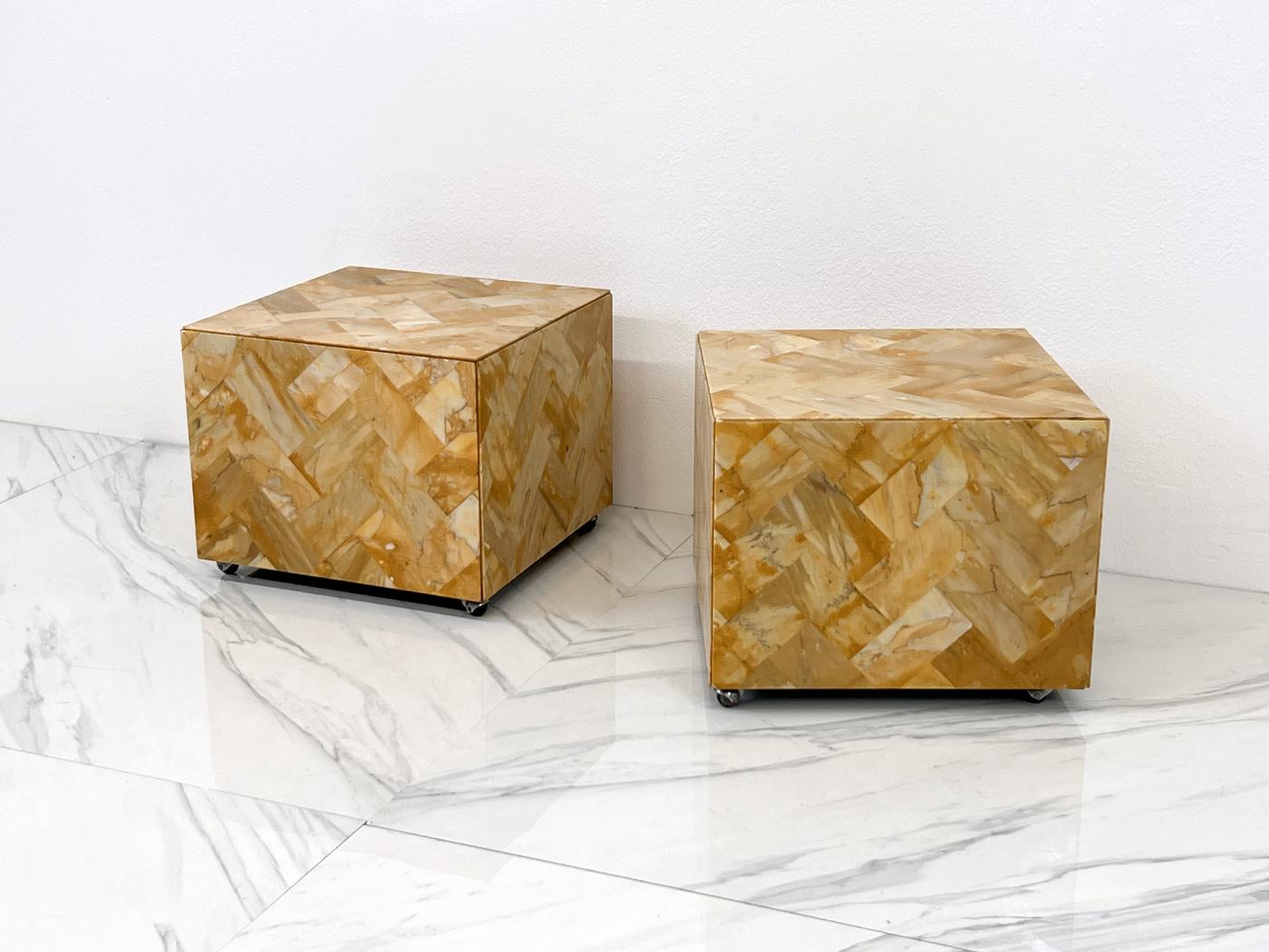 1970's Herringbone Onyx Pedestal Cocktail Tables, A Pair