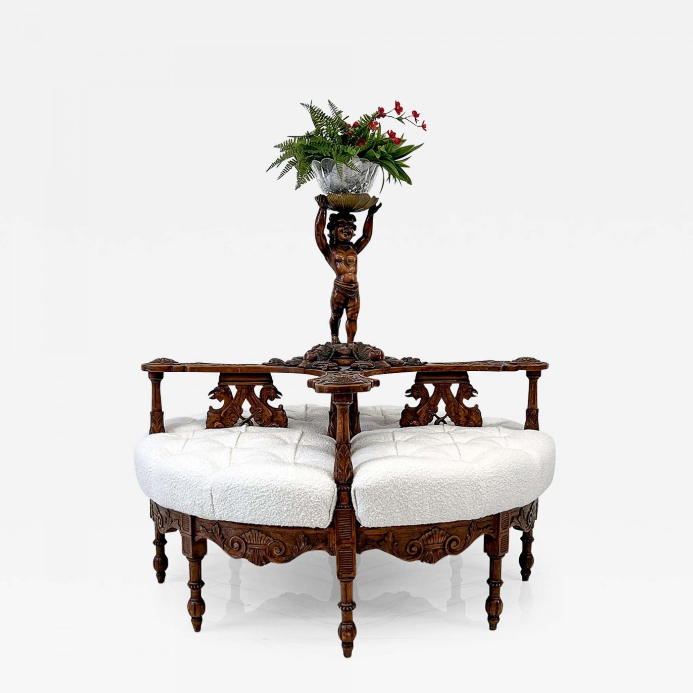 19th Century Carved Conversation Borne Settee Tête-à-tête