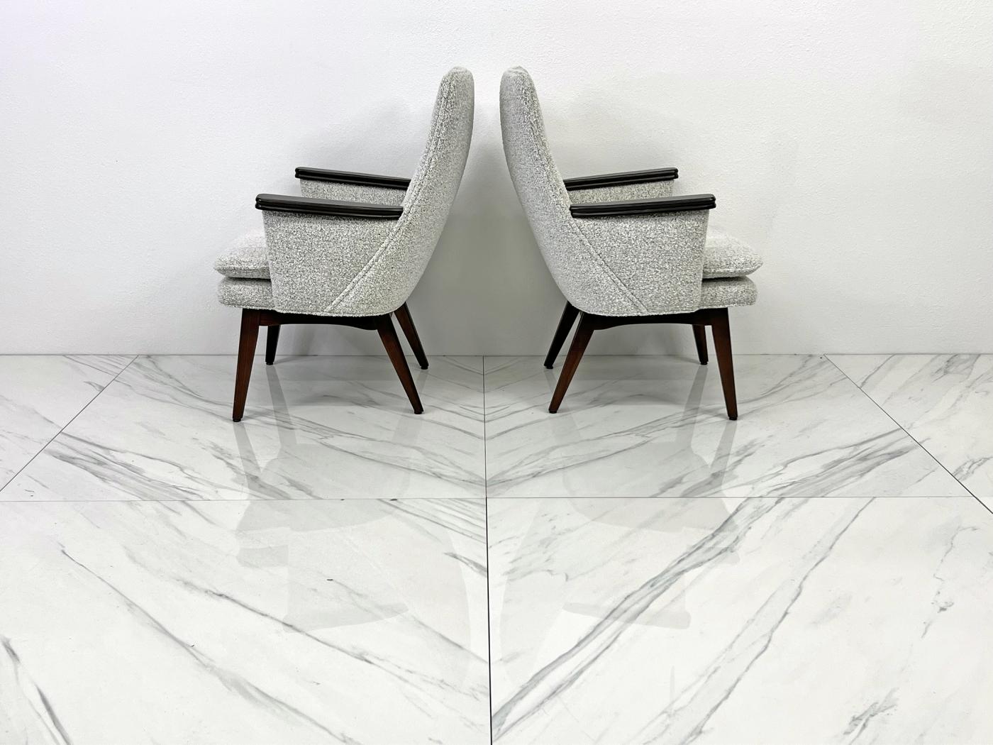 Button Tufted Mid Century Modern Lounge Chairs in Salt & Pepper Boucle Walnut