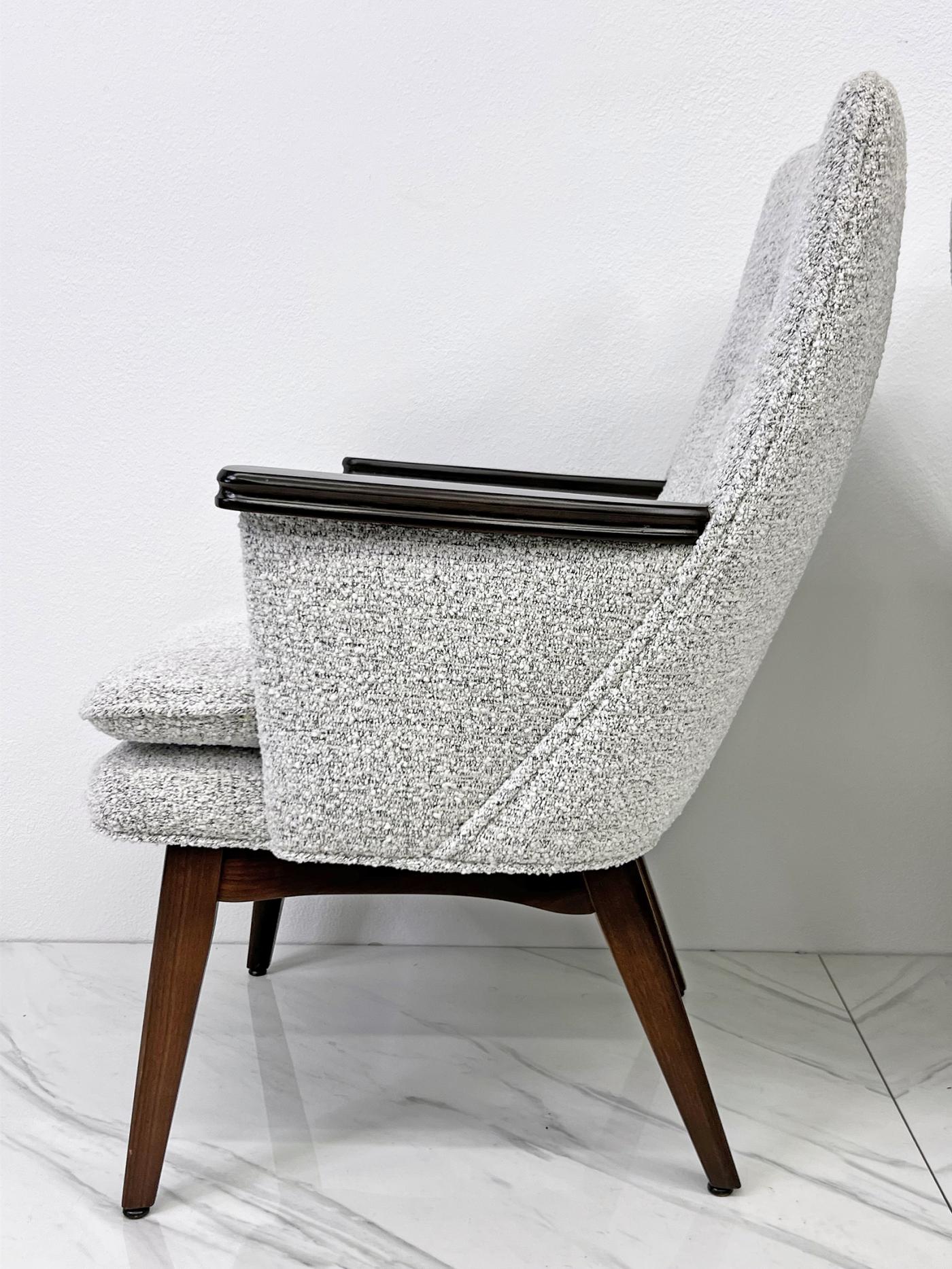 Button Tufted Mid Century Modern Lounge Chairs in Salt & Pepper Boucle Walnut