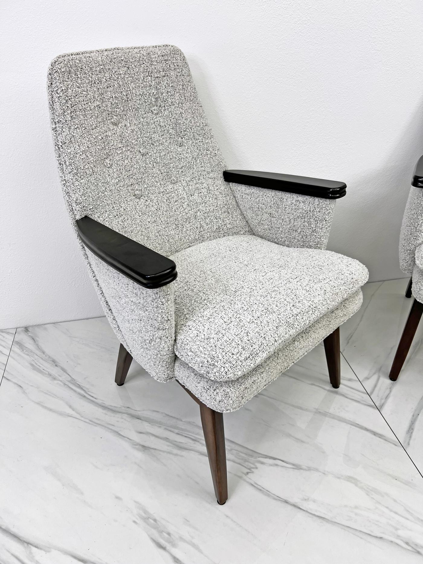 Button Tufted Mid Century Modern Lounge Chairs in Salt & Pepper Boucle Walnut
