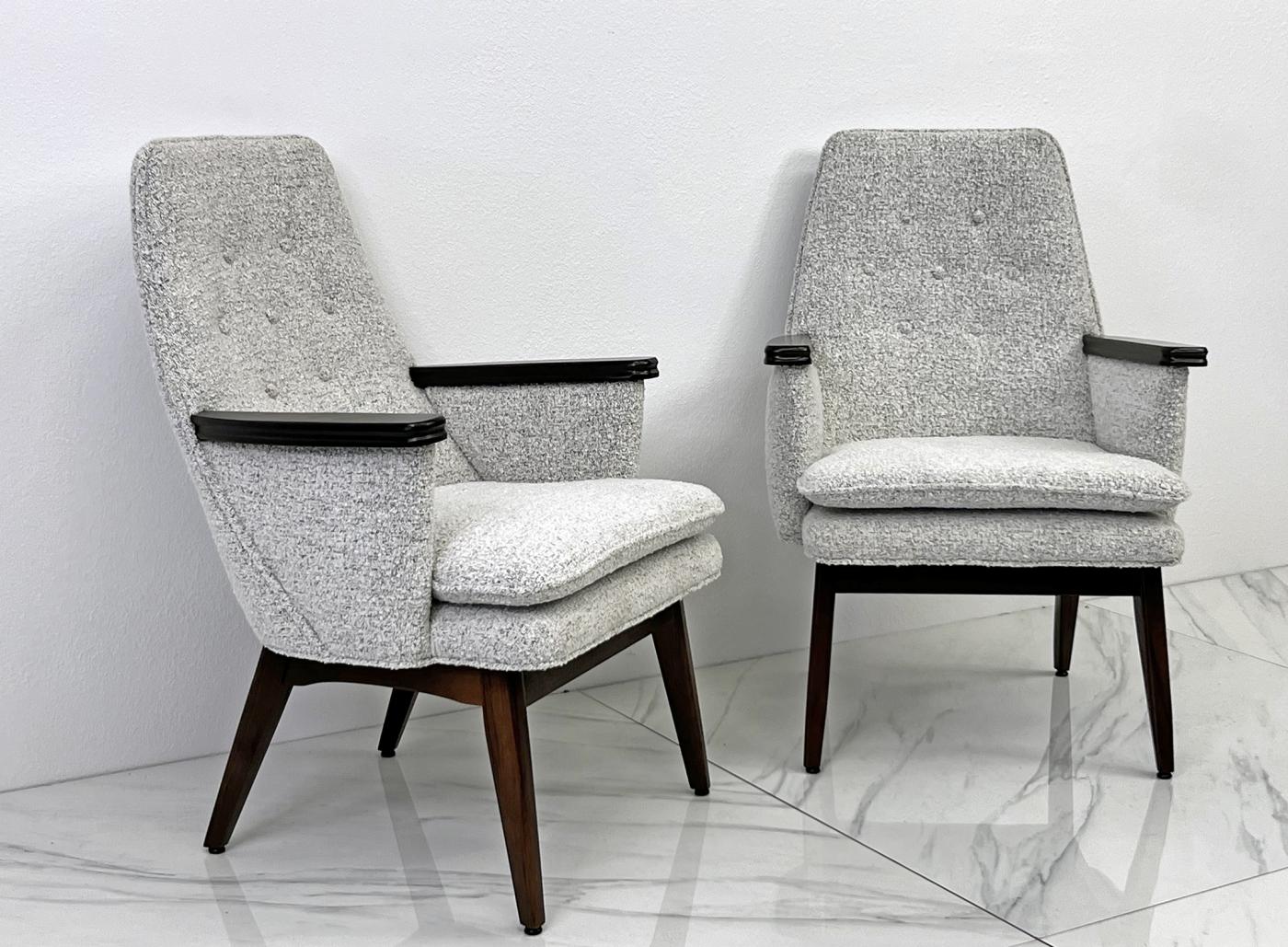 Button Tufted Mid Century Modern Lounge Chairs in Salt & Pepper Boucle Walnut
