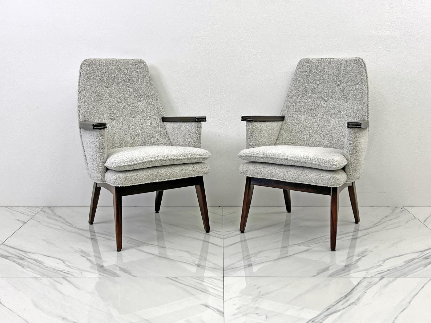 Button Tufted Mid Century Modern Lounge Chairs in Salt & Pepper Boucle Walnut