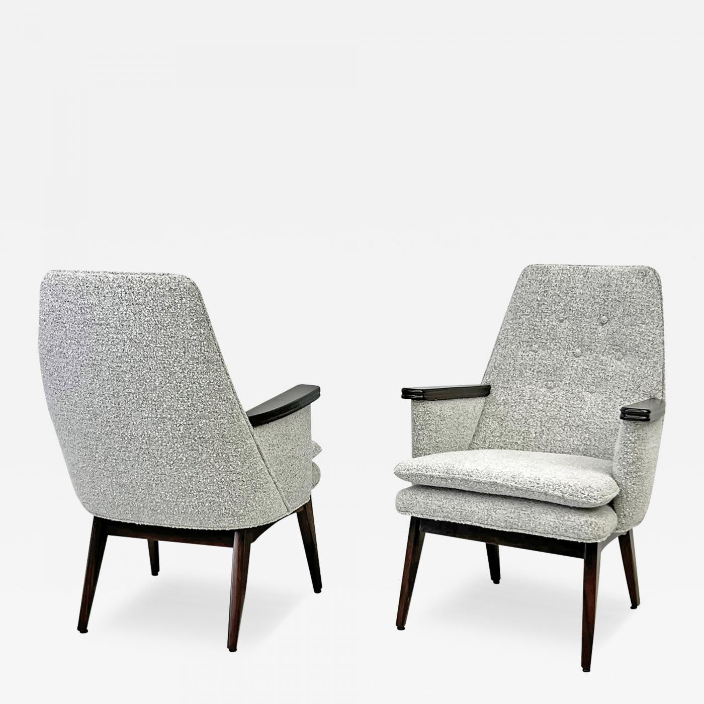Button Tufted Mid Century Modern Lounge Chairs in Salt & Pepper Boucle Walnut