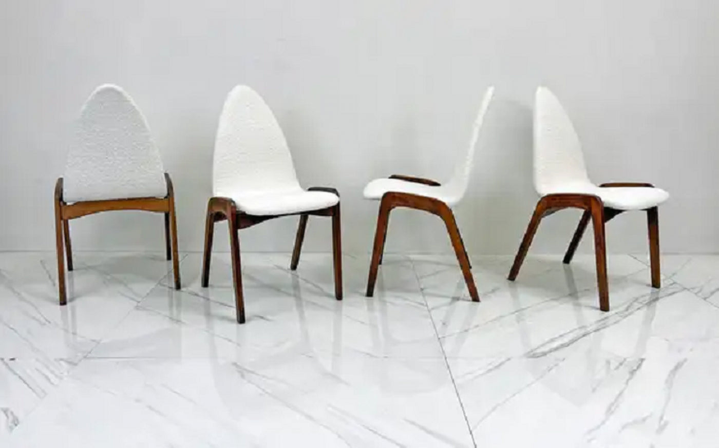 Set of 4 Mid Century Walnut Dining Chairs By Chet Beardsley in White Boucle