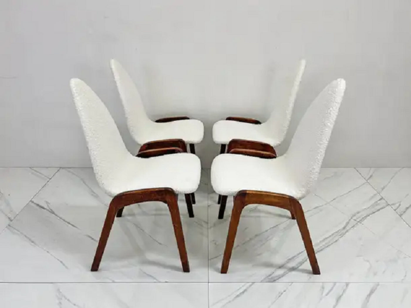 Set of 4 Mid Century Walnut Dining Chairs By Chet Beardsley in White Boucle