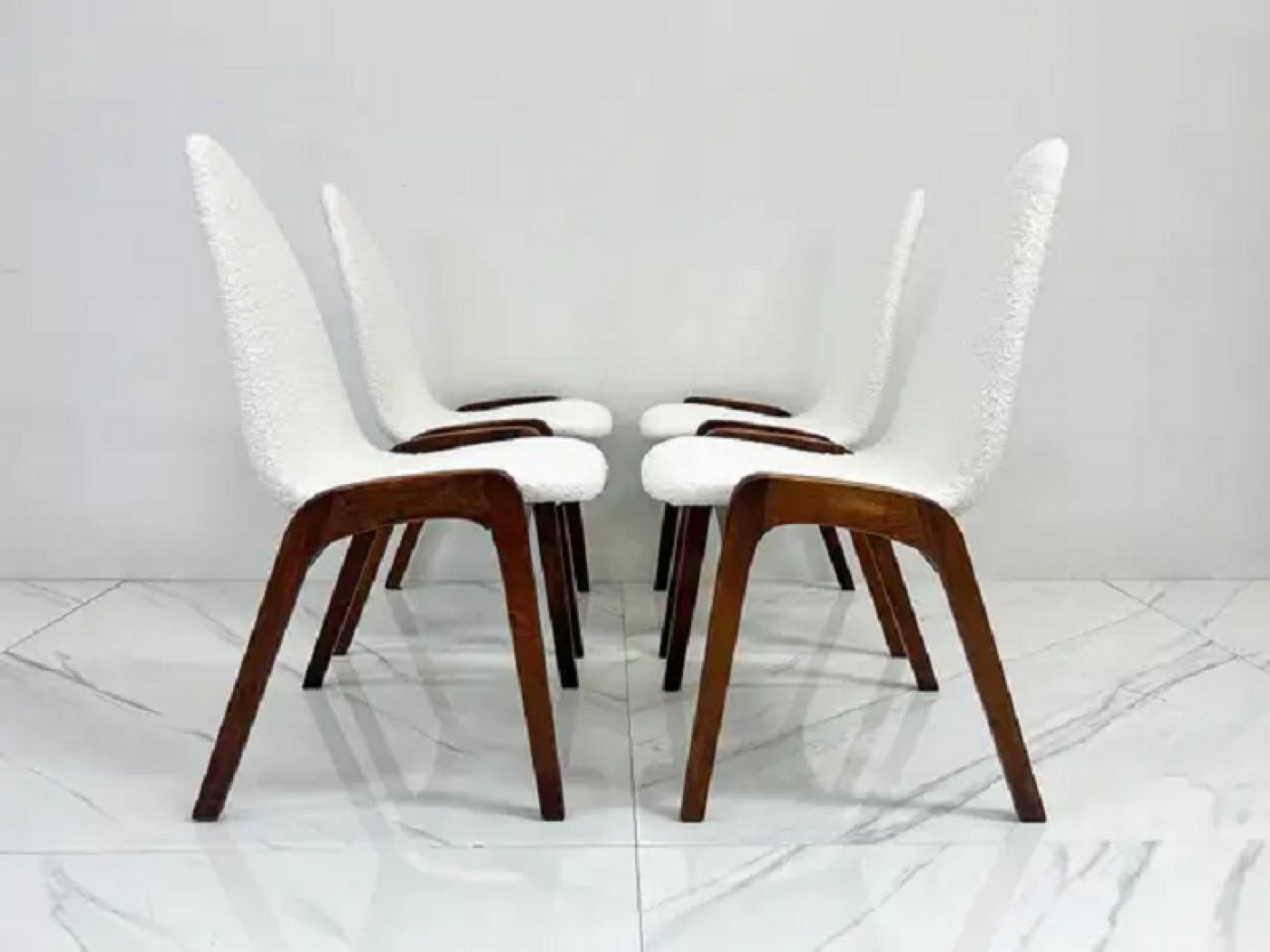 Set of 4 Mid Century Walnut Dining Chairs By Chet Beardsley in White Boucle