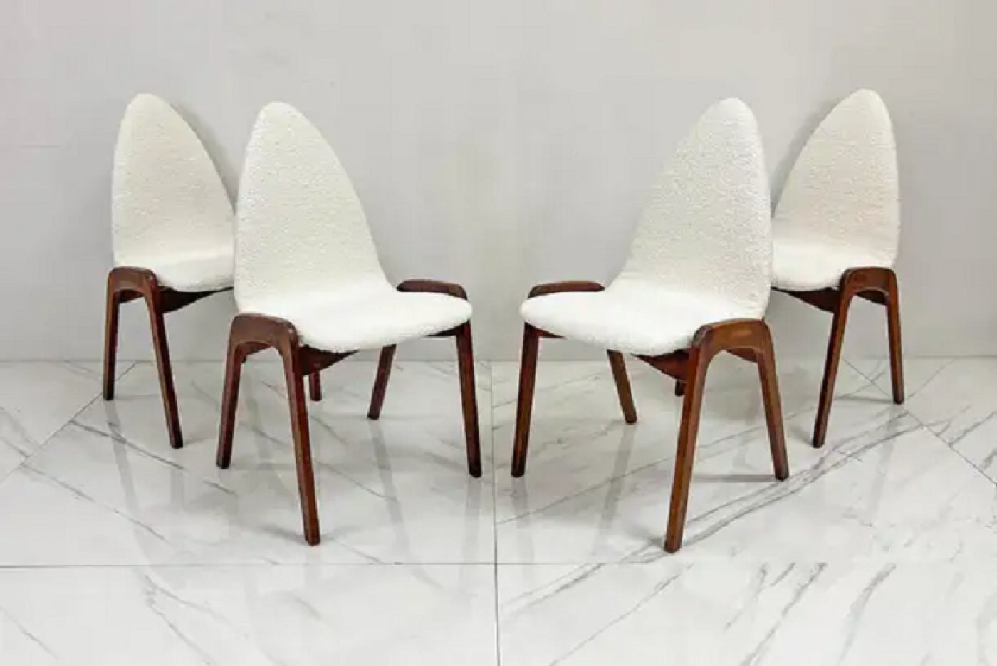 Set of 4 Mid Century Walnut Dining Chairs By Chet Beardsley in White Boucle