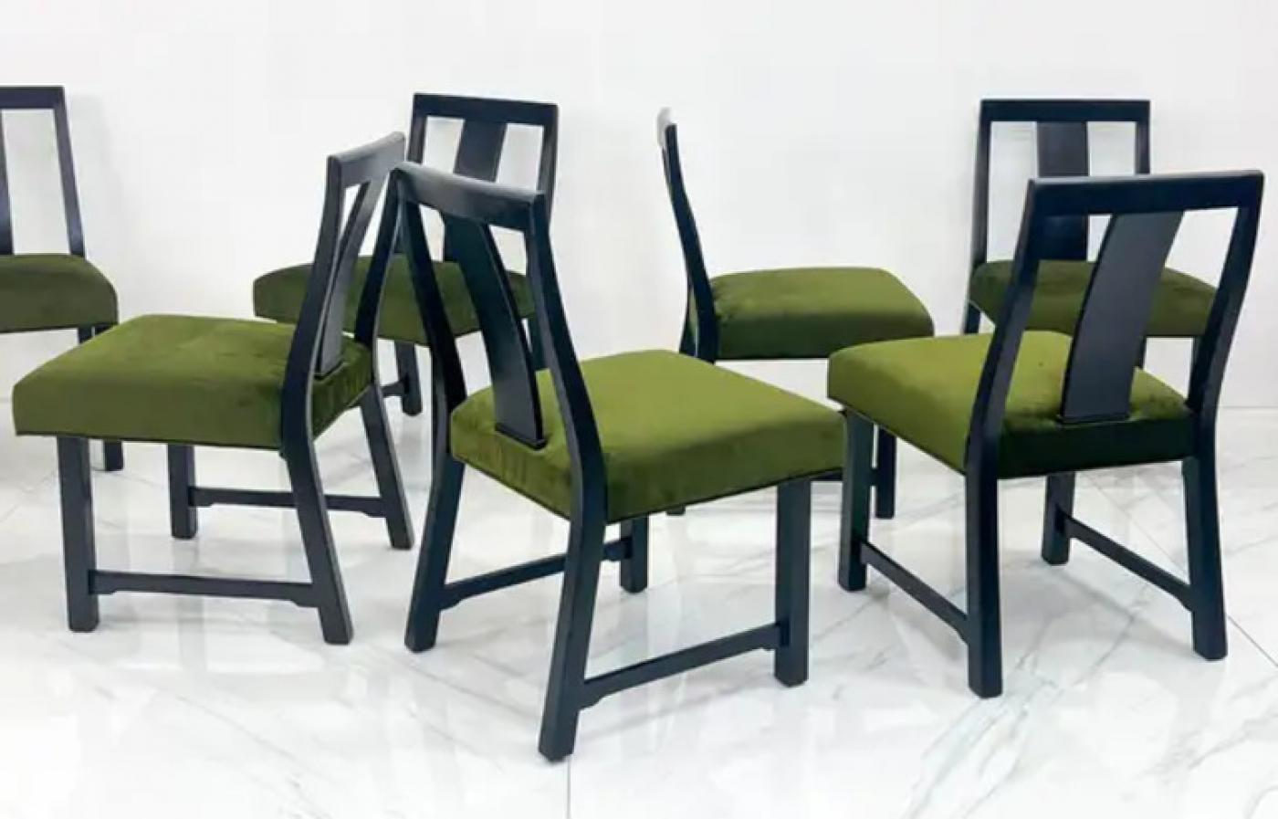 Ebonized Dining Set in Olive Velvet by Edward Wormley, Dunbar, 1950's