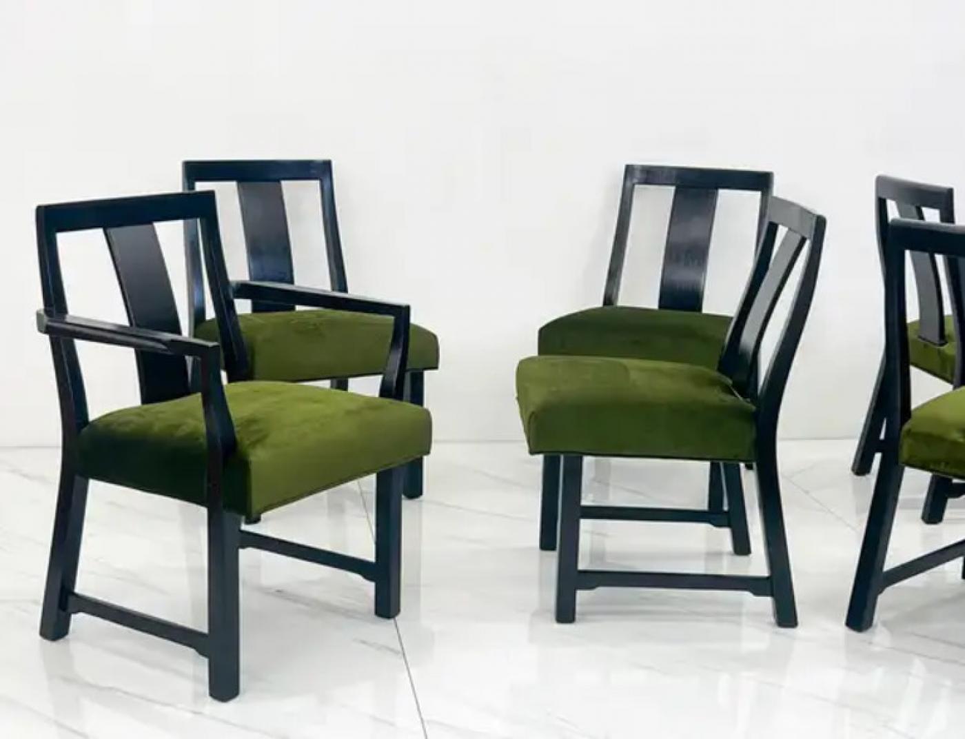 Ebonized Dining Set in Olive Velvet by Edward Wormley, Dunbar, 1950's