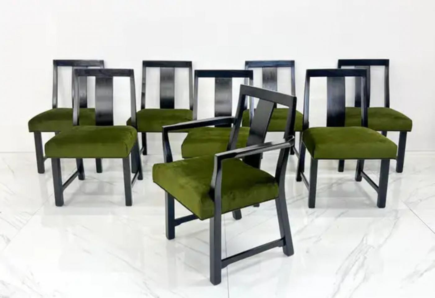 Ebonized Dining Set in Olive Velvet by Edward Wormley, Dunbar, 1950's