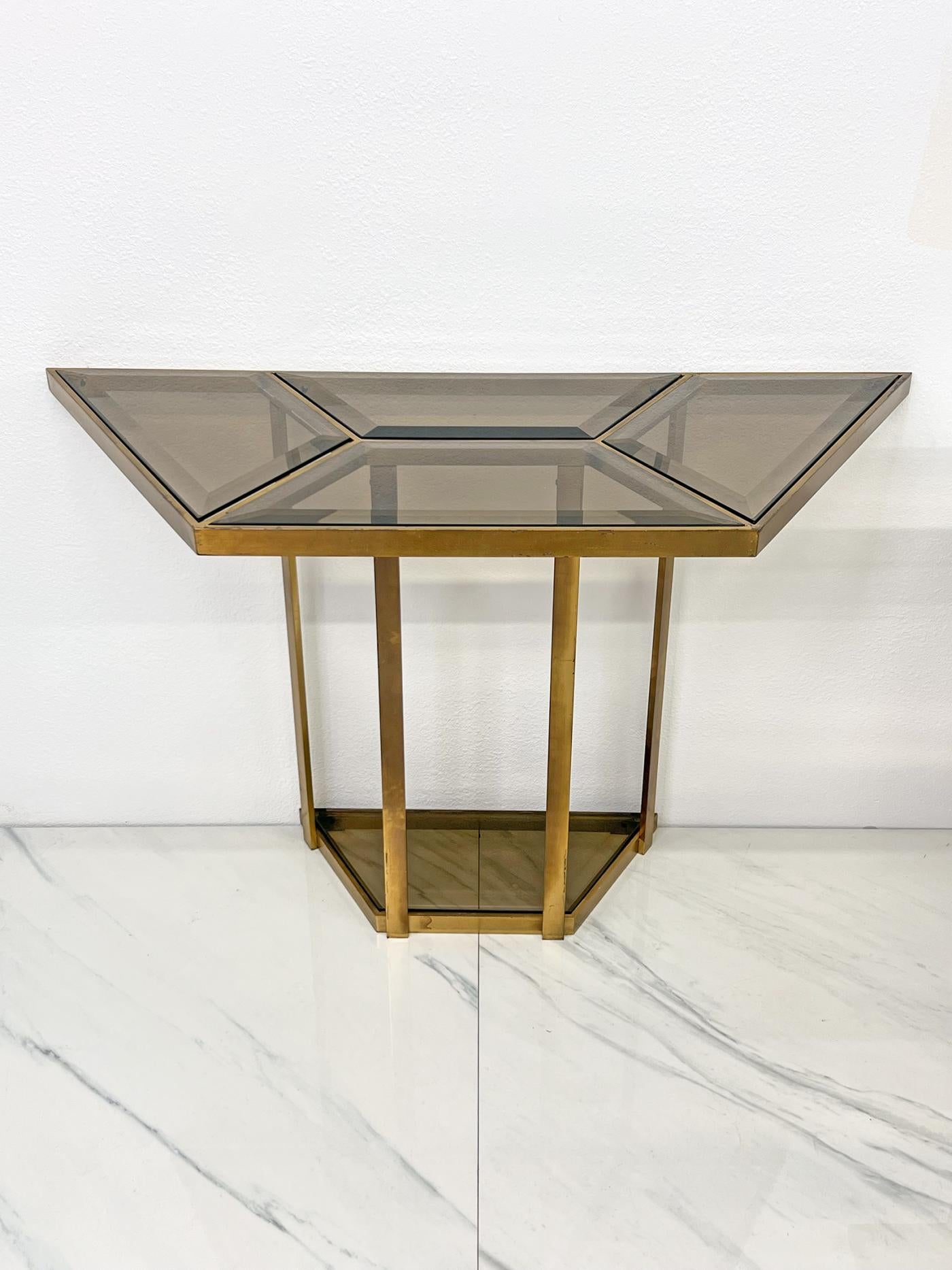 Smoked Glass Brass Puzzle Dining Table After Gabriella Crespi, Italy, 1970's