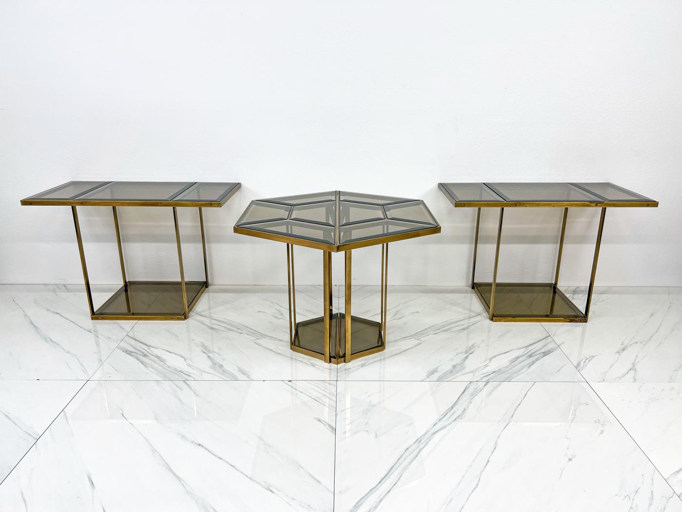 Smoked Glass Brass Puzzle Dining Table After Gabriella Crespi, Italy, 1970's