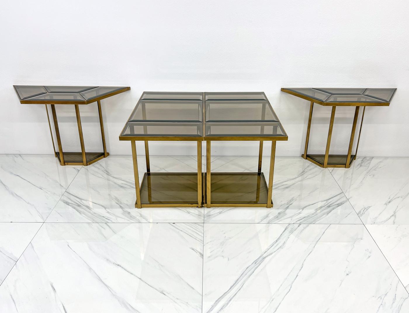 Smoked Glass Brass Puzzle Dining Table After Gabriella Crespi, Italy, 1970's