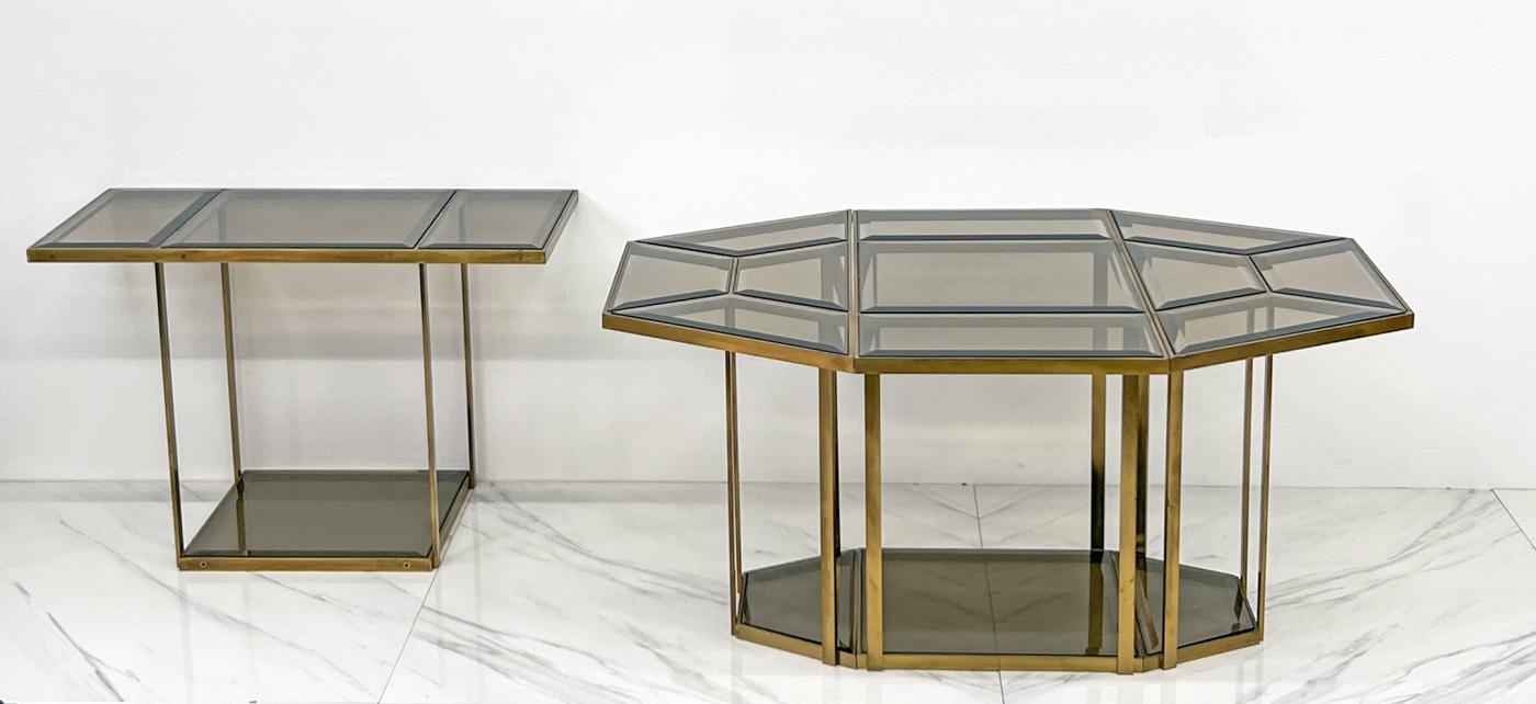 Smoked Glass Brass Puzzle Dining Table After Gabriella Crespi, Italy, 1970's