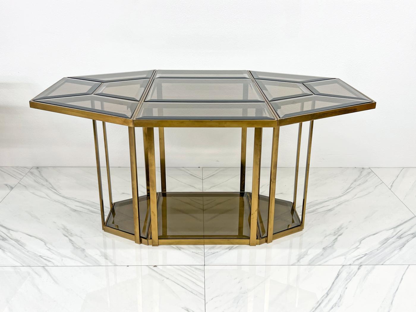 Smoked Glass Brass Puzzle Dining Table After Gabriella Crespi, Italy, 1970's