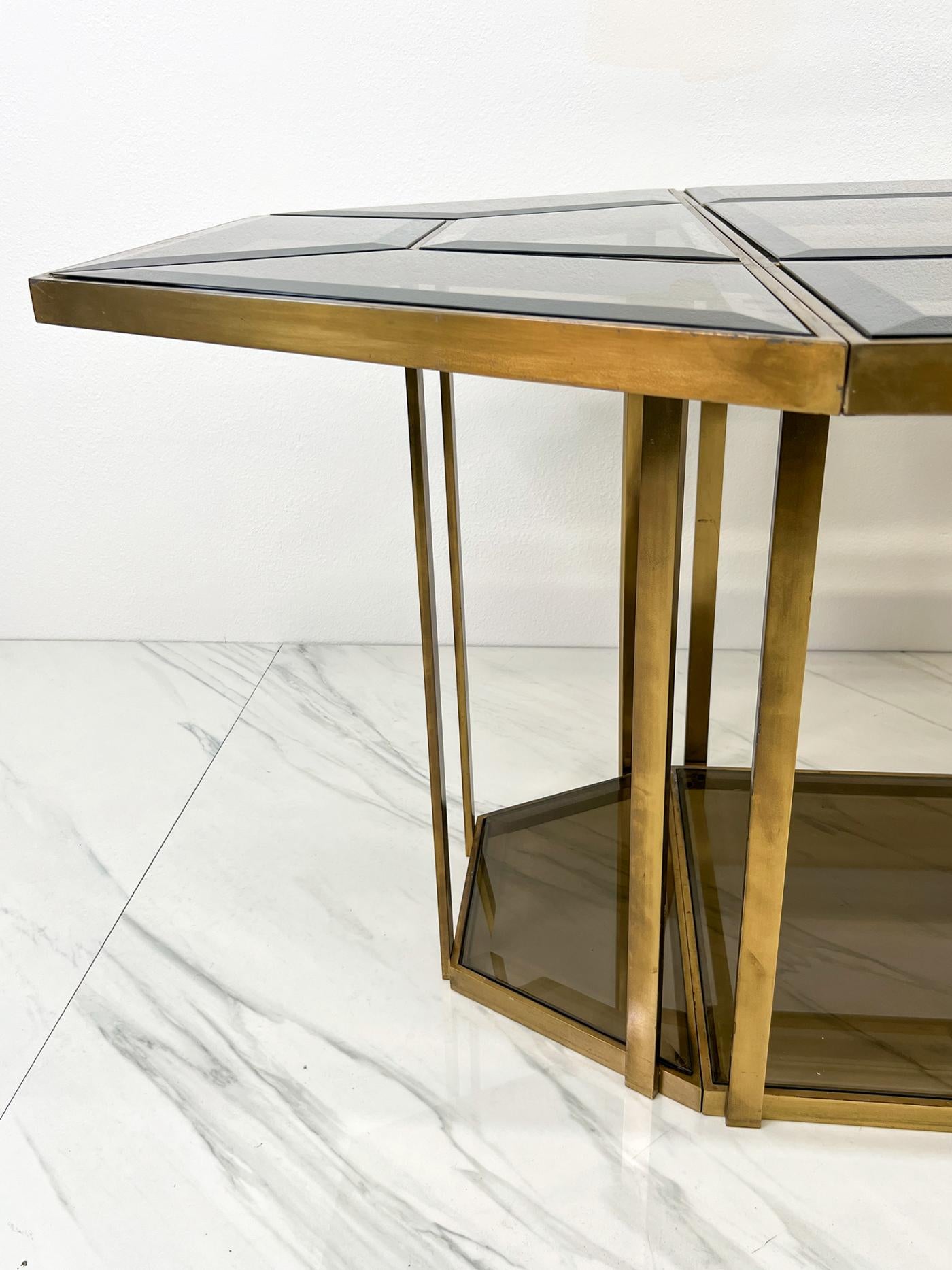 Smoked Glass Brass Puzzle Dining Table After Gabriella Crespi, Italy, 1970's