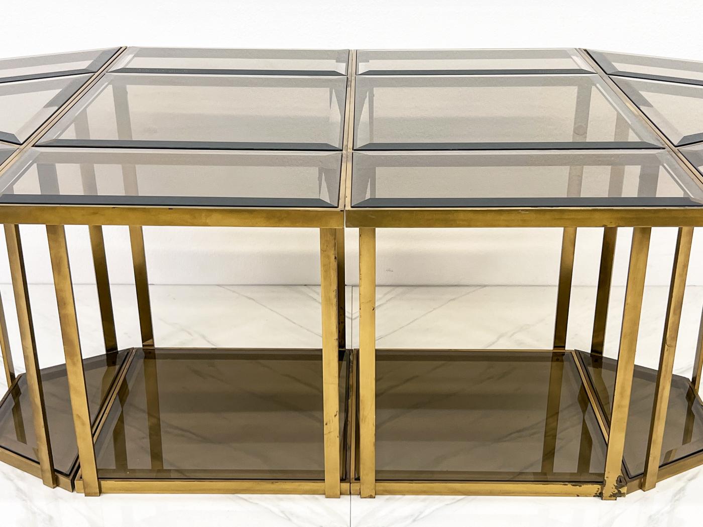 Smoked Glass Brass Puzzle Dining Table After Gabriella Crespi, Italy, 1970's