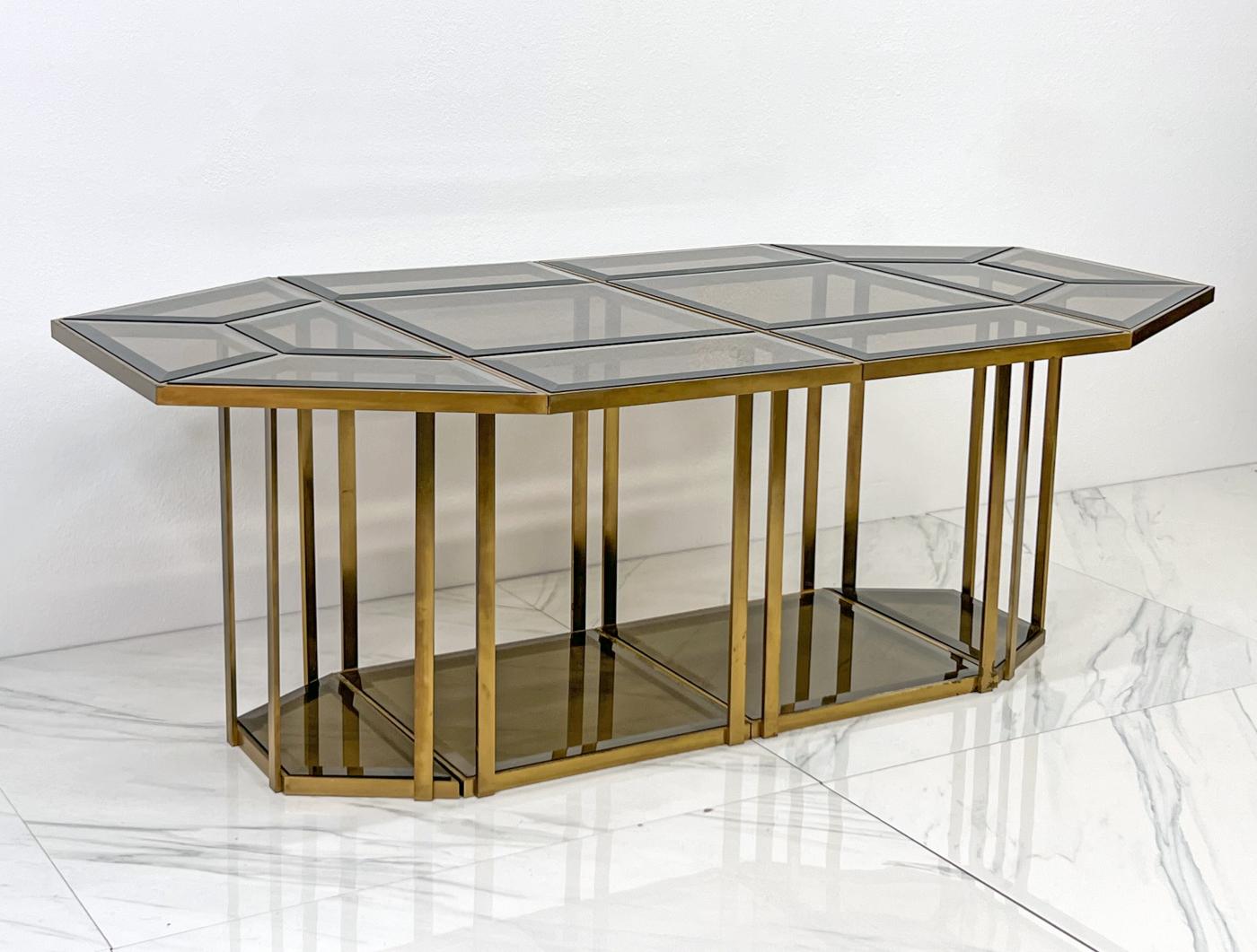 Smoked Glass Brass Puzzle Dining Table After Gabriella Crespi, Italy, 1970's