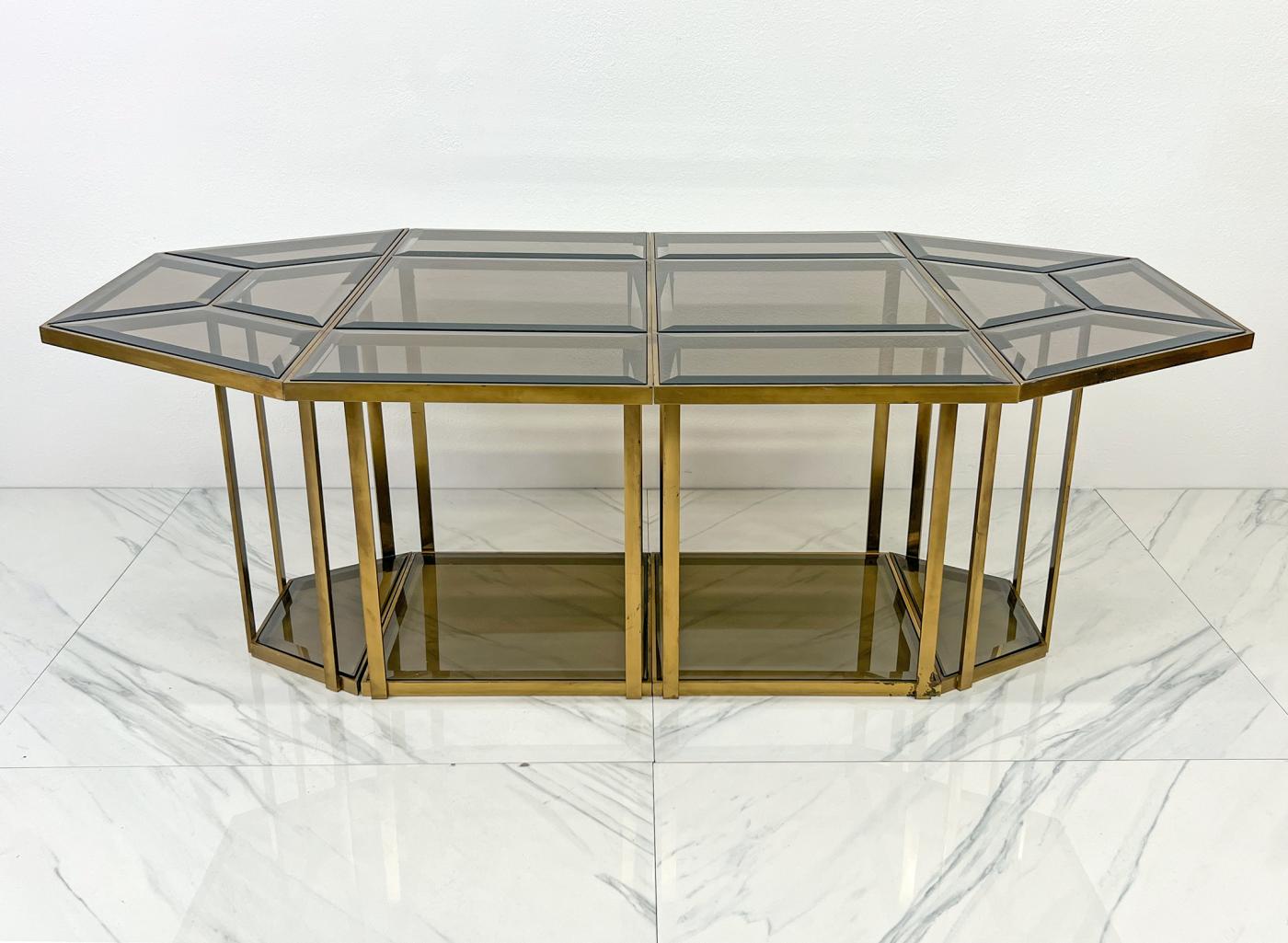 Smoked Glass Brass Puzzle Dining Table After Gabriella Crespi, Italy, 1970's
