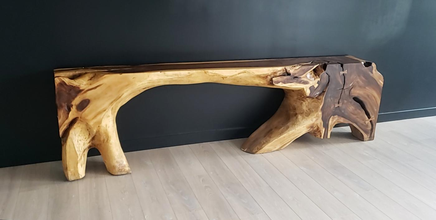 Monumental Free Form Acacia Console Table In the Style of George Nakashima