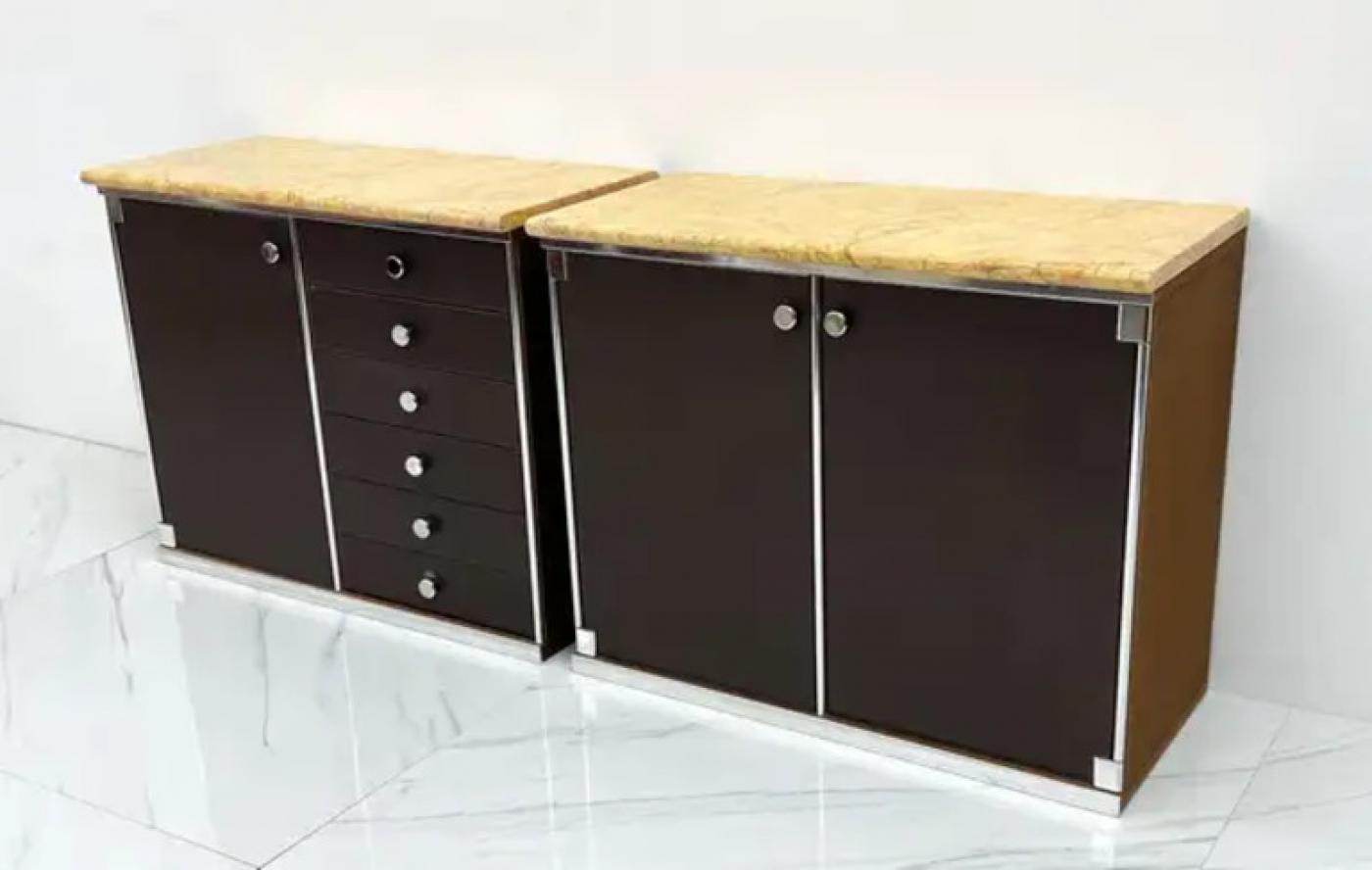 Guido Faleschini for Mariani Leather and Suede Wrapped Marble Topped Cabinets