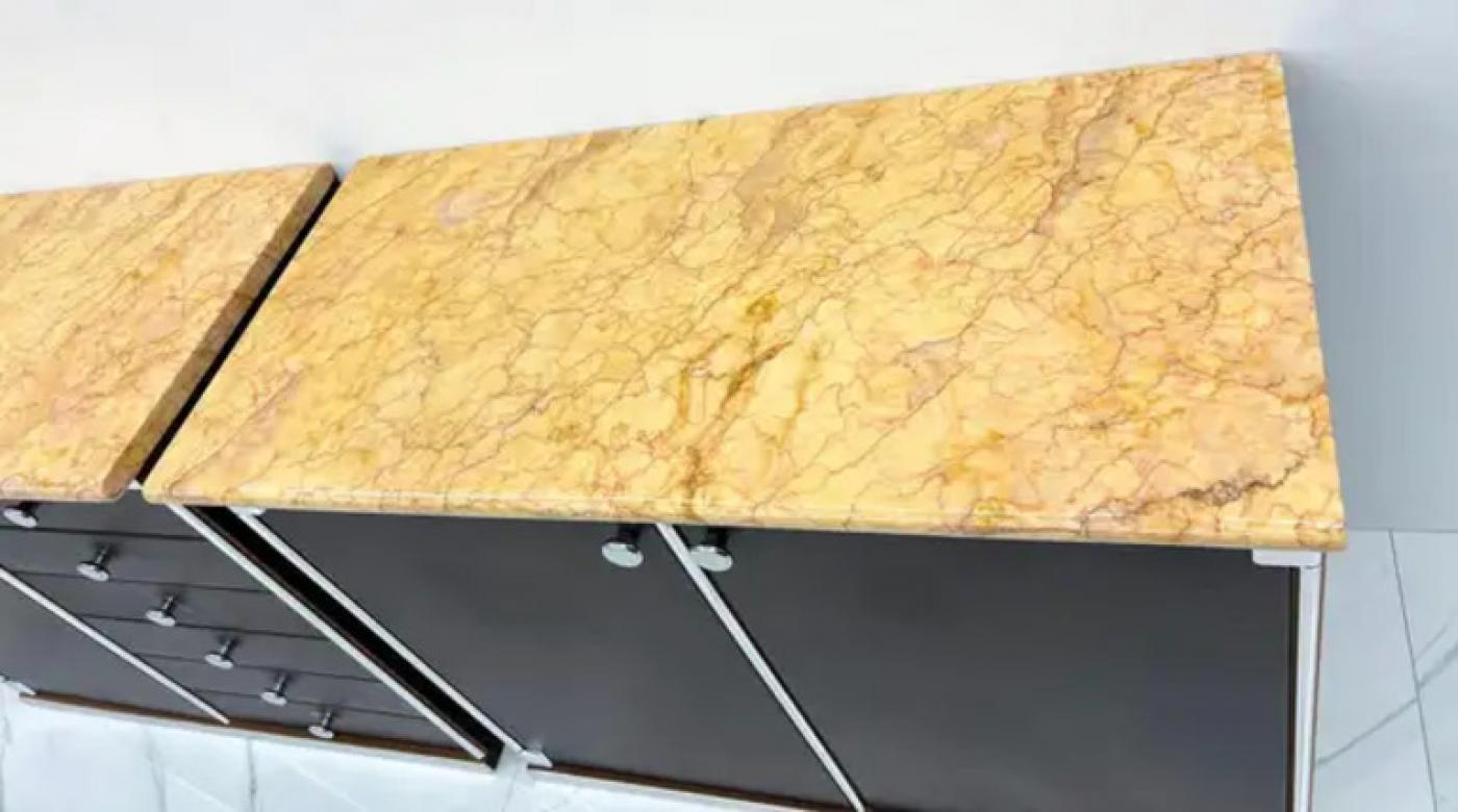 Guido Faleschini for Mariani Leather and Suede Wrapped Marble Topped Cabinets