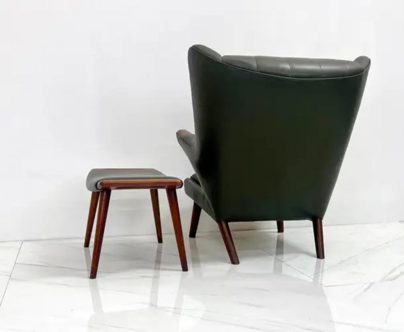 Hans J. Wegner AP19 Papa Bear Chair and Ottoman A.P. Stolen, Olive Green Leather