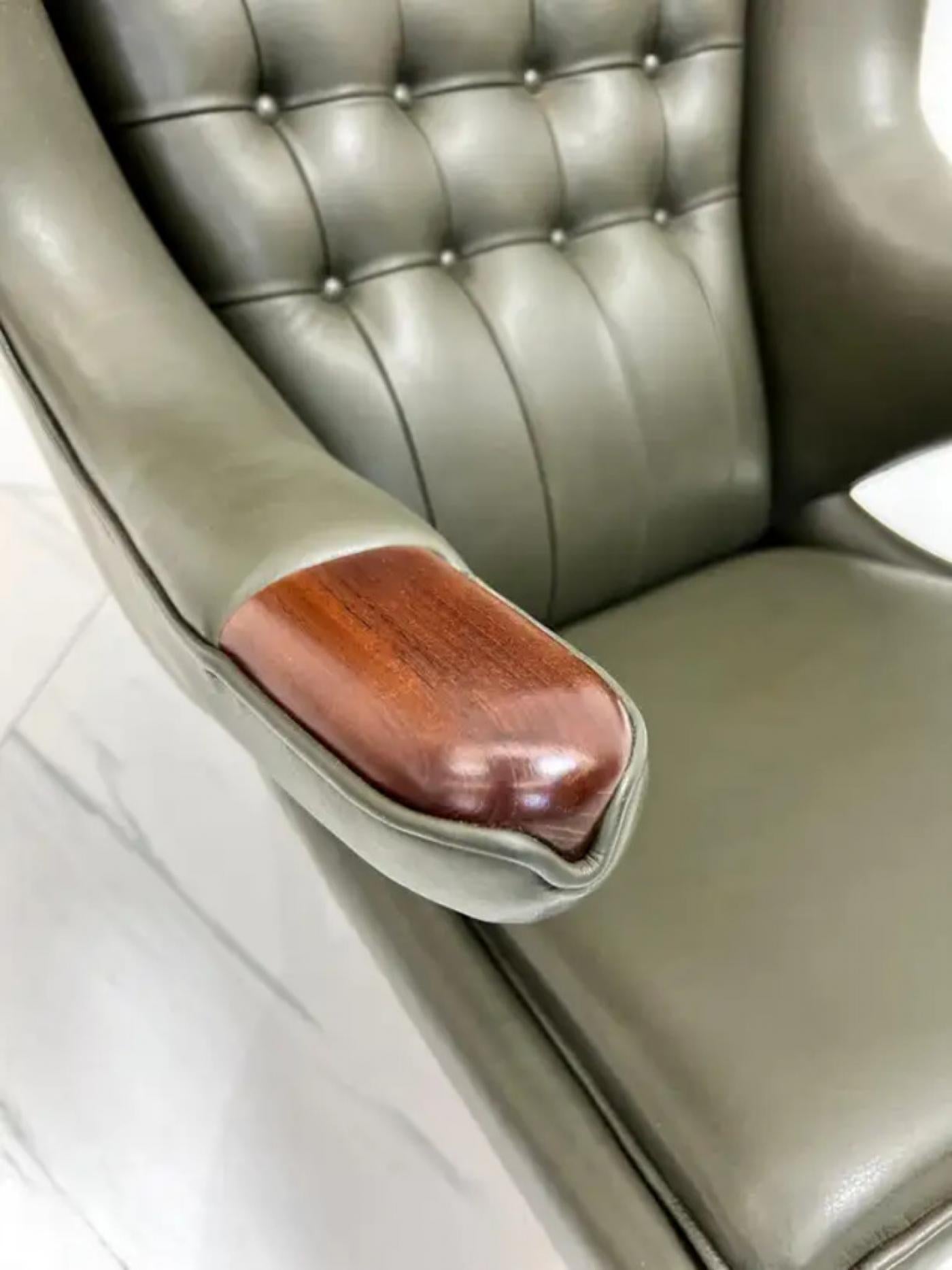 Hans J. Wegner AP19 Papa Bear Chair and Ottoman A.P. Stolen, Olive Green Leather