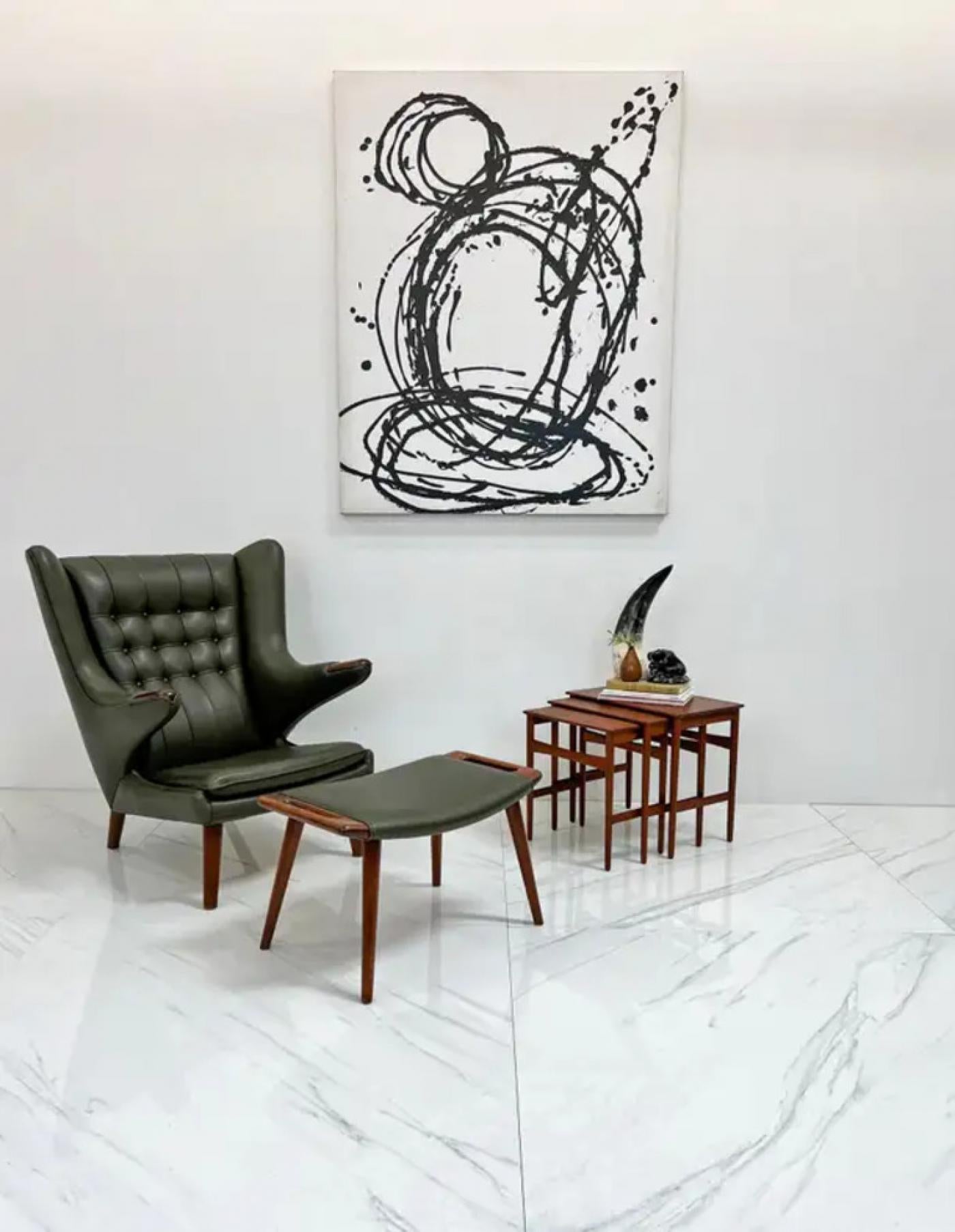 Hans J. Wegner AP19 Papa Bear Chair and Ottoman A.P. Stolen, Olive Green Leather