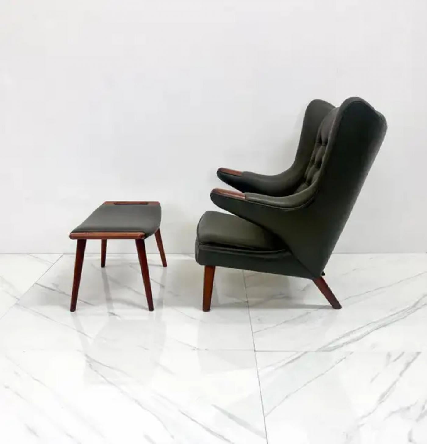 Hans J. Wegner AP19 Papa Bear Chair and Ottoman A.P. Stolen, Olive Green Leather
