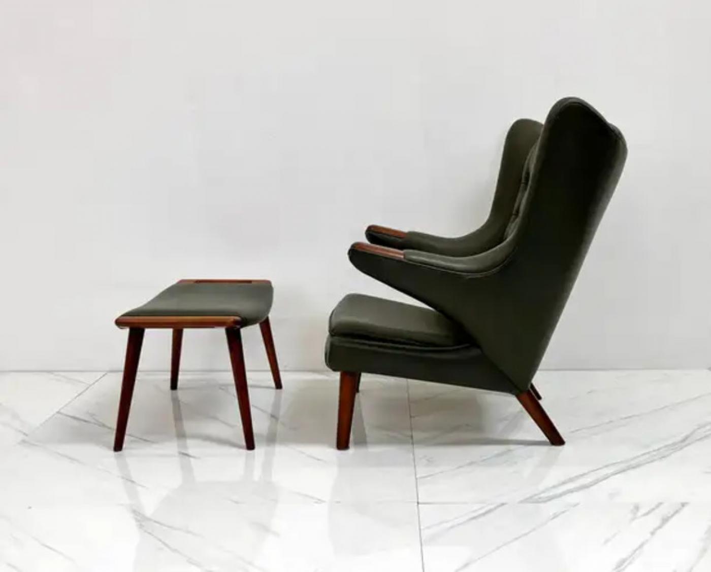 Hans J. Wegner AP19 Papa Bear Chair and Ottoman A.P. Stolen, Olive Green Leather