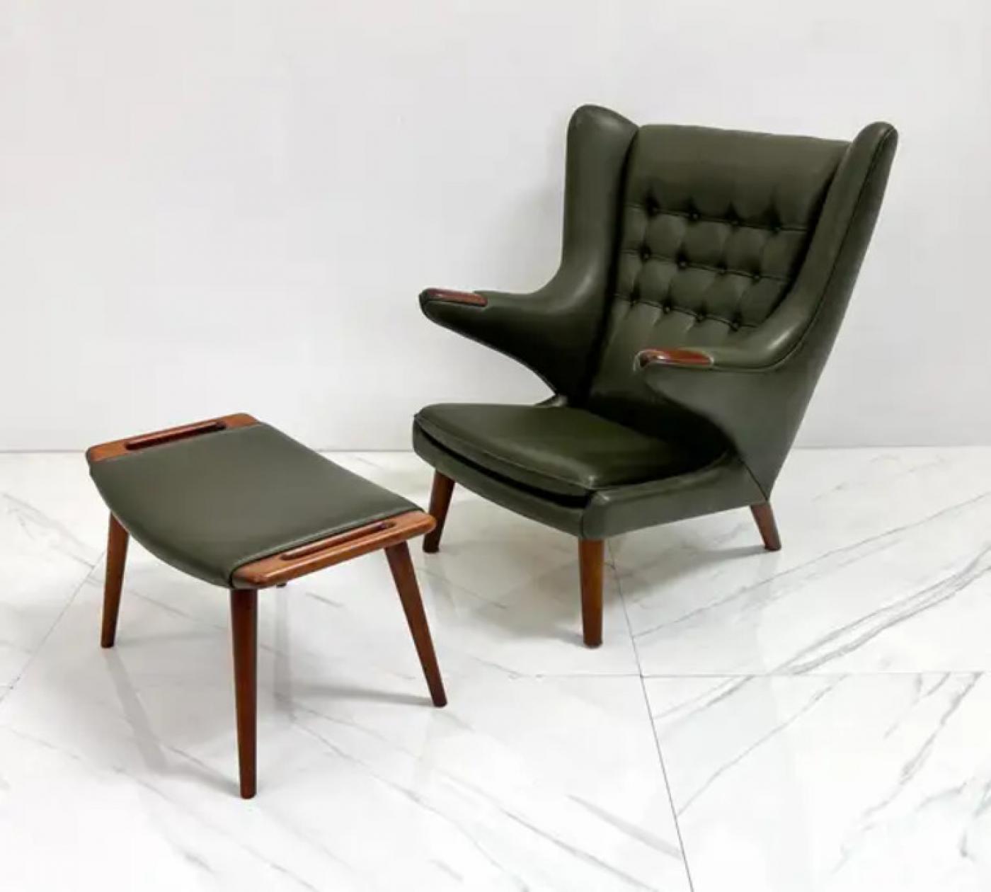 Hans J. Wegner AP19 Papa Bear Chair and Ottoman A.P. Stolen, Olive Green Leather