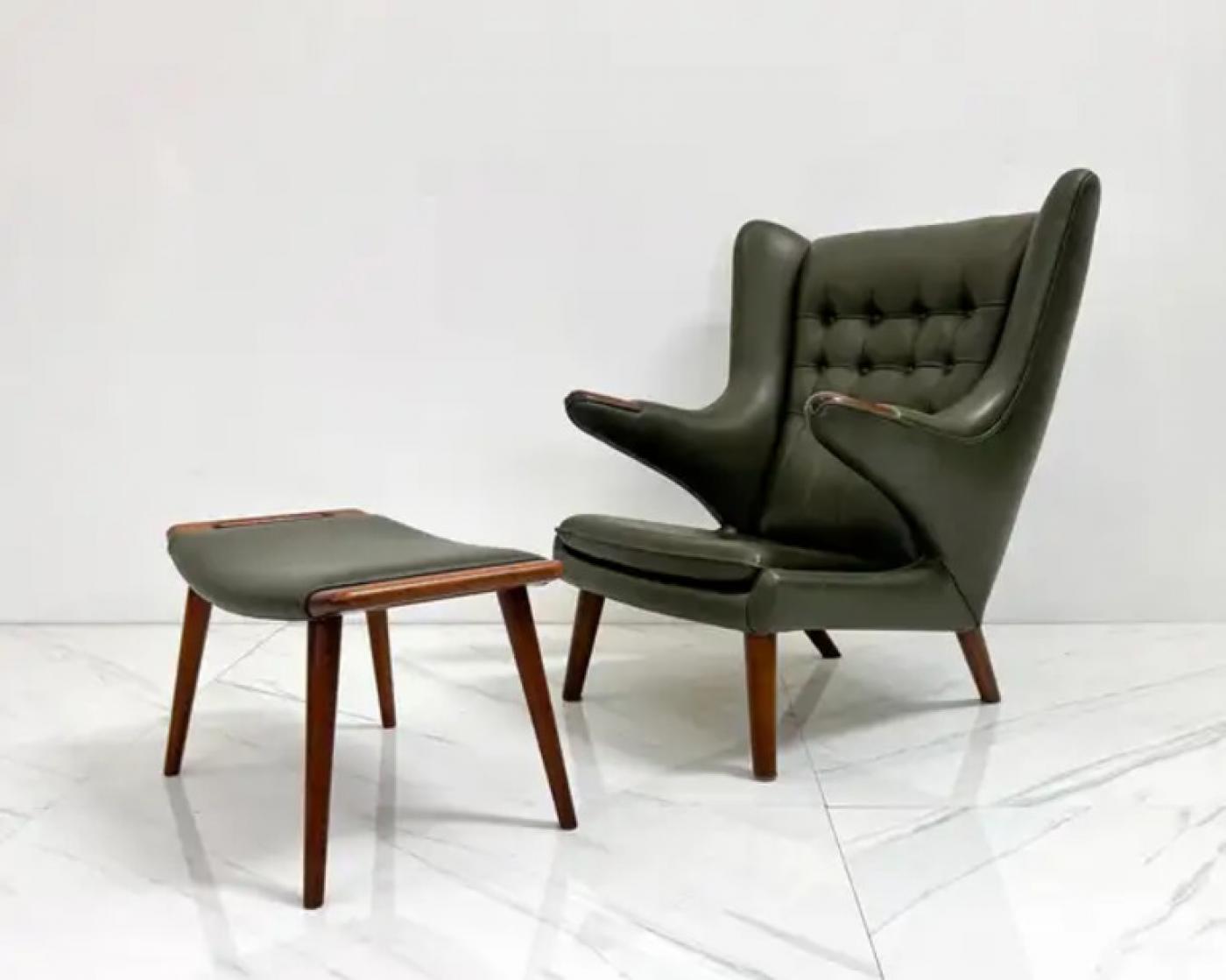 Hans J. Wegner AP19 Papa Bear Chair and Ottoman A.P. Stolen, Olive Green Leather