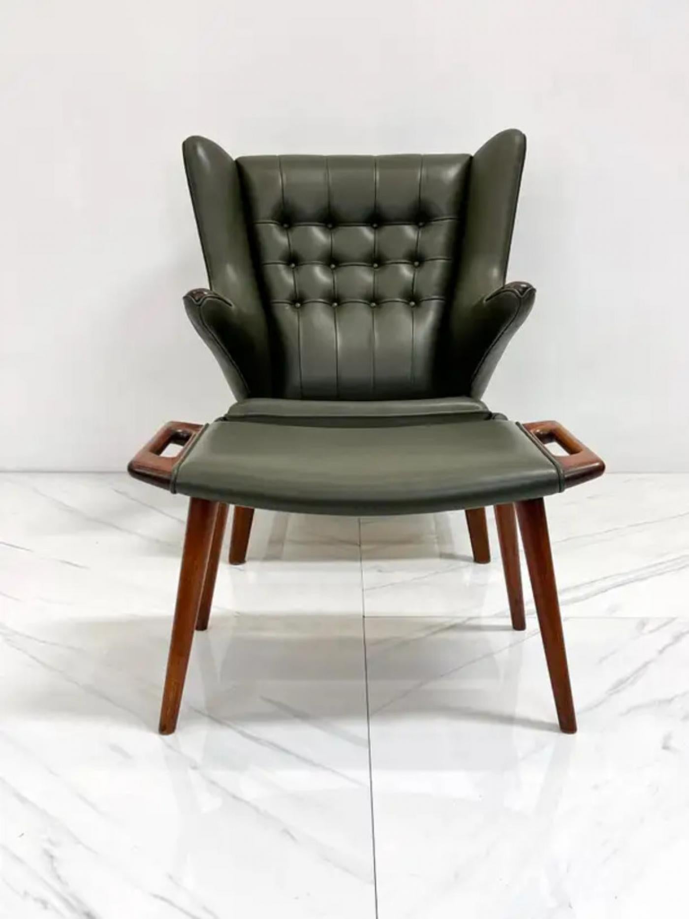 Hans J. Wegner AP19 Papa Bear Chair and Ottoman A.P. Stolen, Olive Green Leather