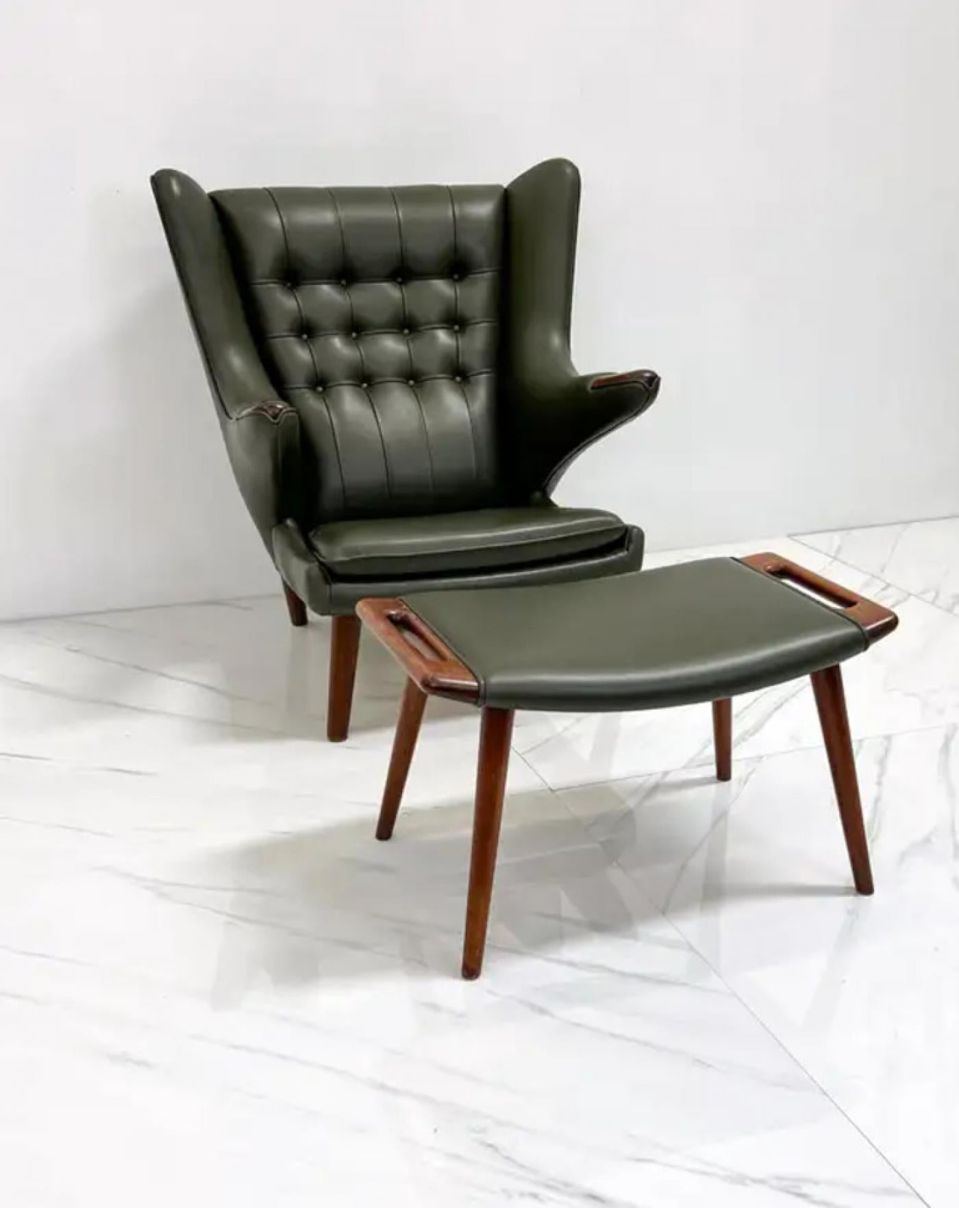 Hans J. Wegner AP19 Papa Bear Chair and Ottoman A.P. Stolen, Olive Green Leather