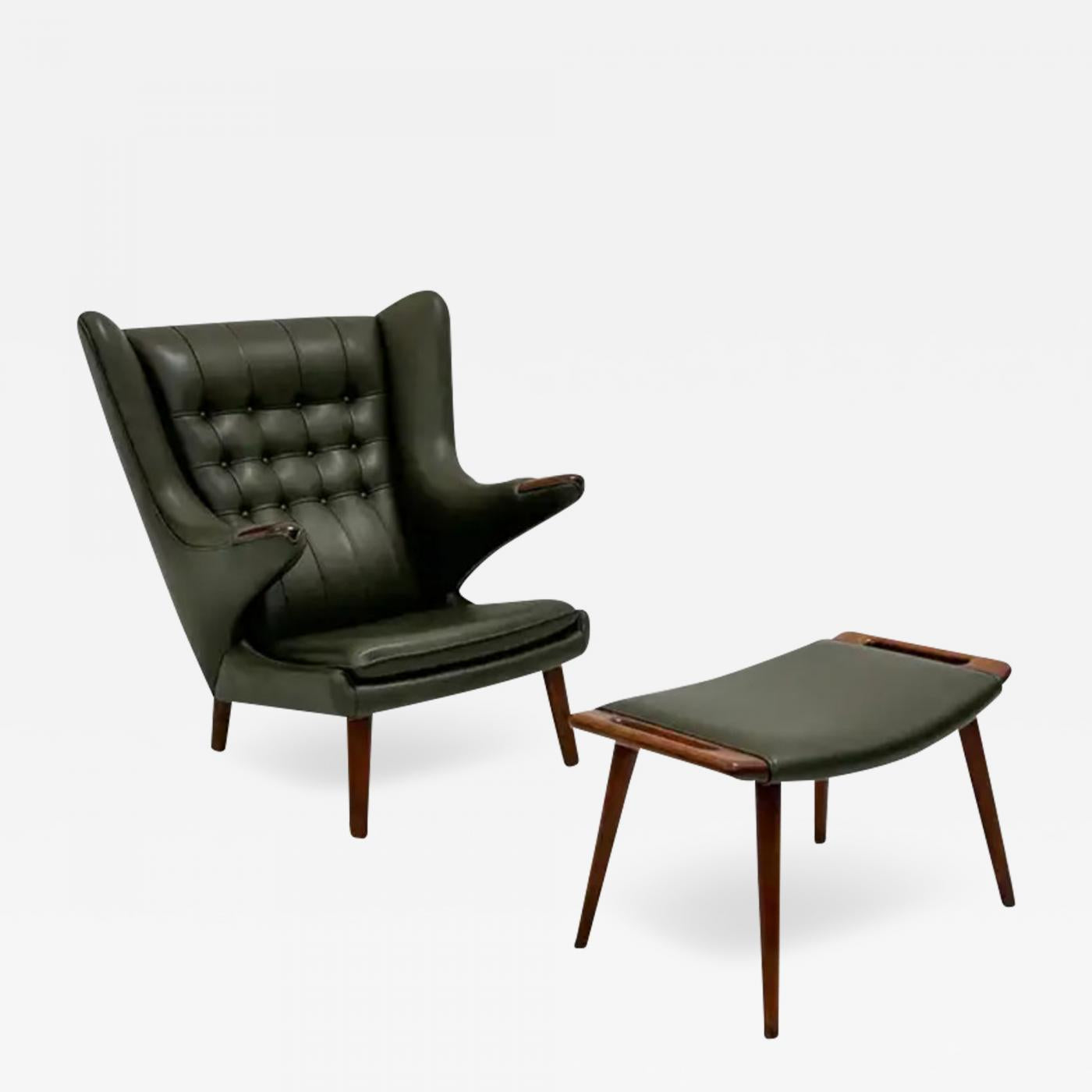 Hans J. Wegner AP19 Papa Bear Chair and Ottoman A.P. Stolen, Olive Green Leather