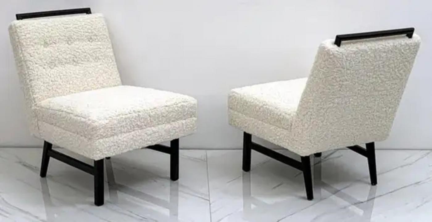 1950s Harvey Probber Style Ebonized Slipper Lounge Chairs in Heavy Boucle