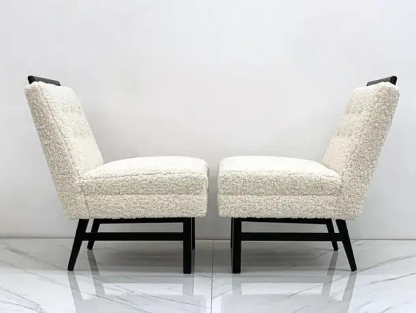 1950s Harvey Probber Style Ebonized Slipper Lounge Chairs in Heavy Boucle