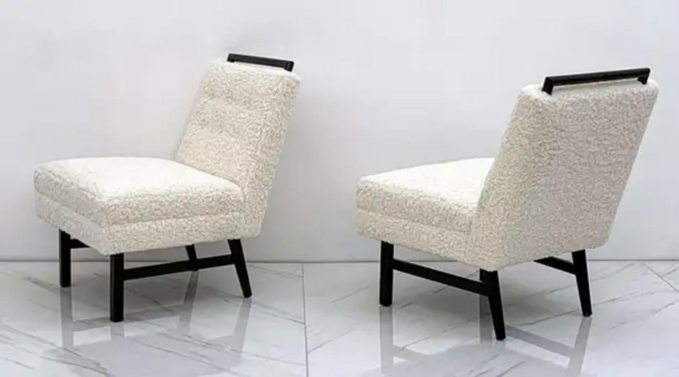 1950s Harvey Probber Style Ebonized Slipper Lounge Chairs in Heavy Boucle