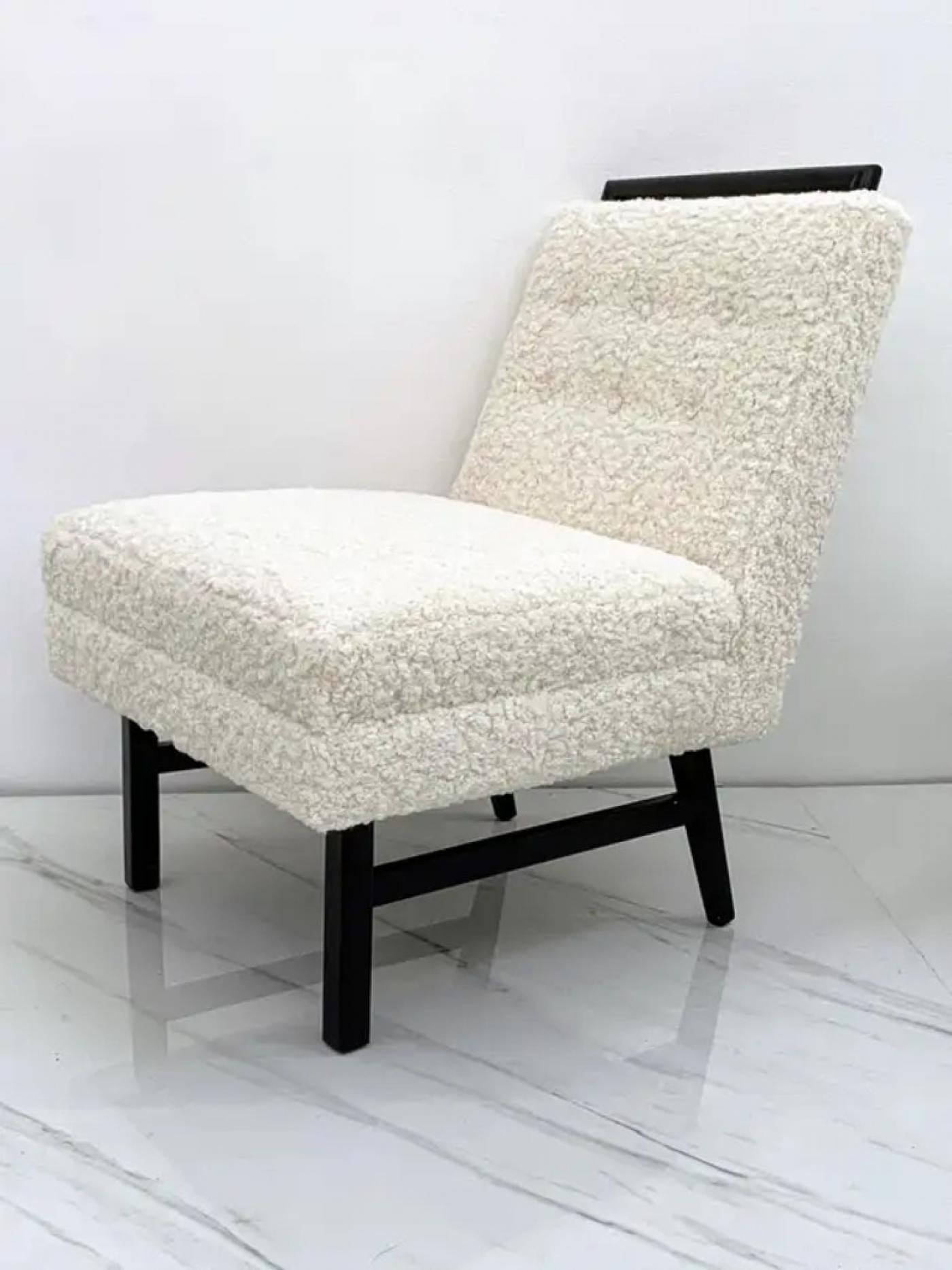1950s Harvey Probber Style Ebonized Slipper Lounge Chairs in Heavy Boucle