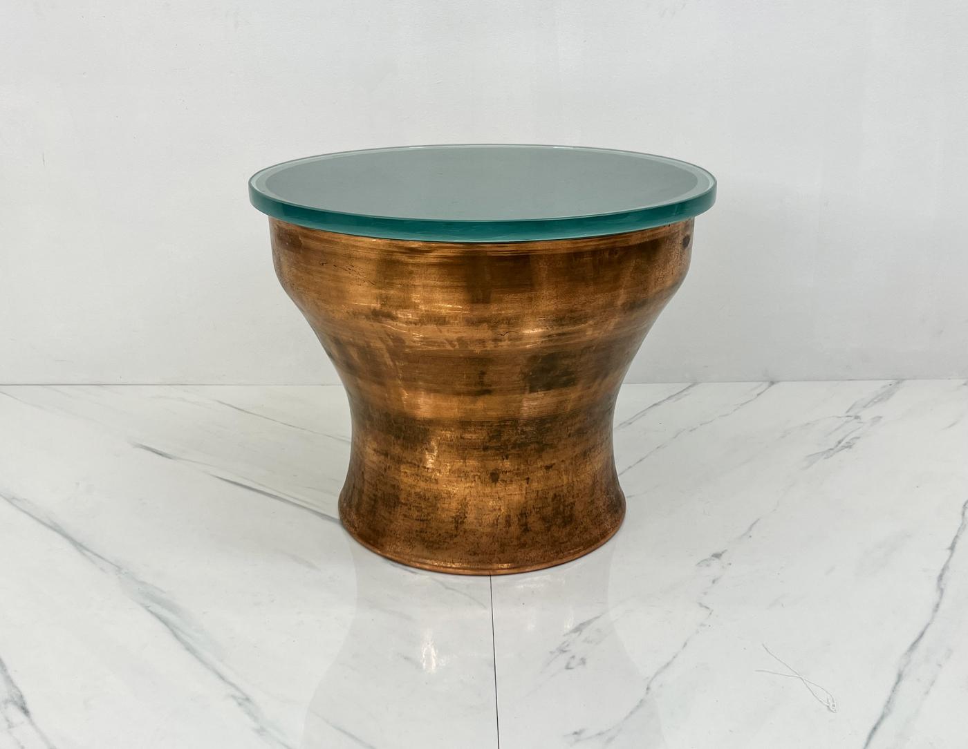 Karl Springer Copper Rain Drum Table With Original Textured Glass Top