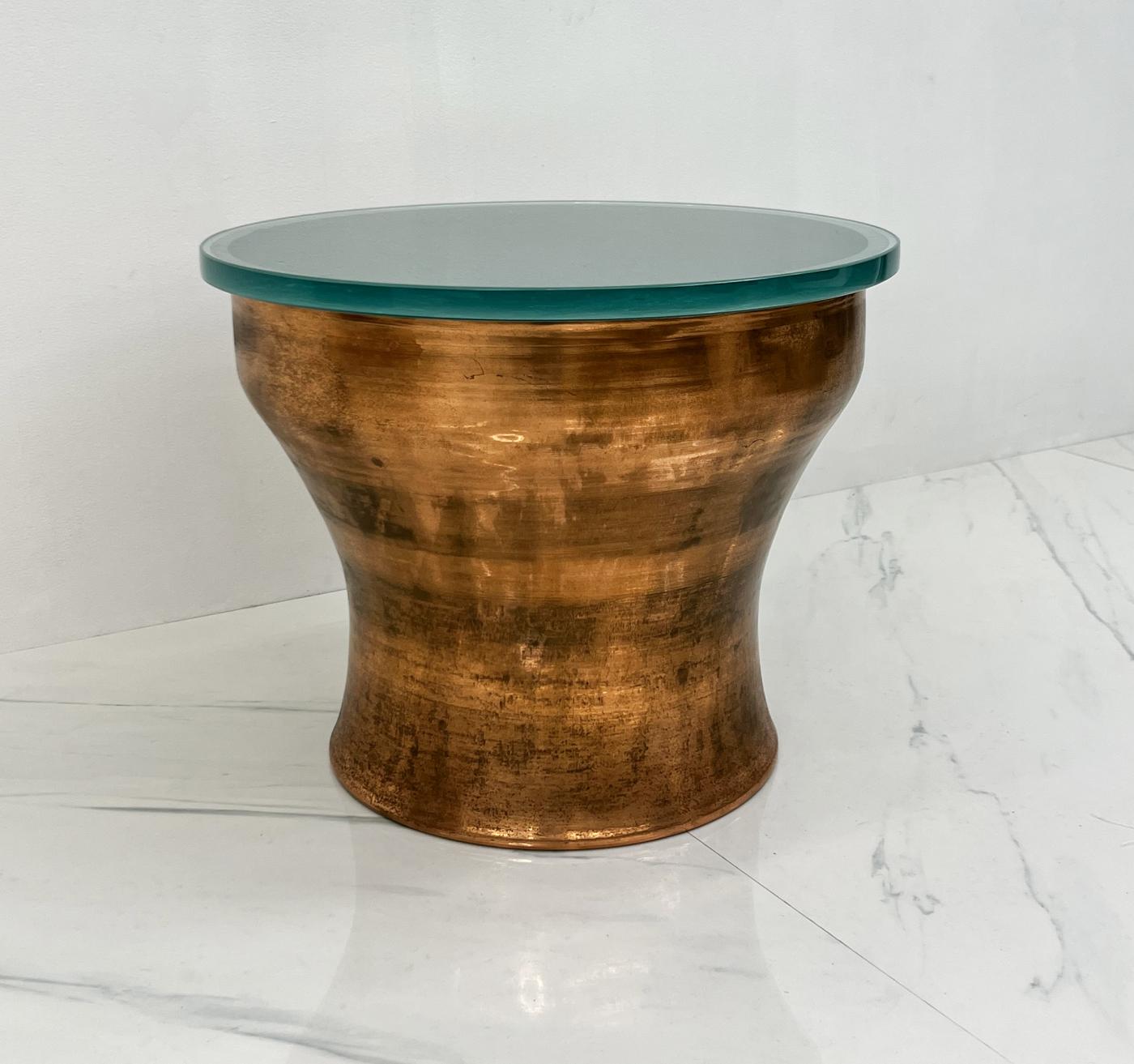 Karl Springer Copper Rain Drum Table With Original Textured Glass Top