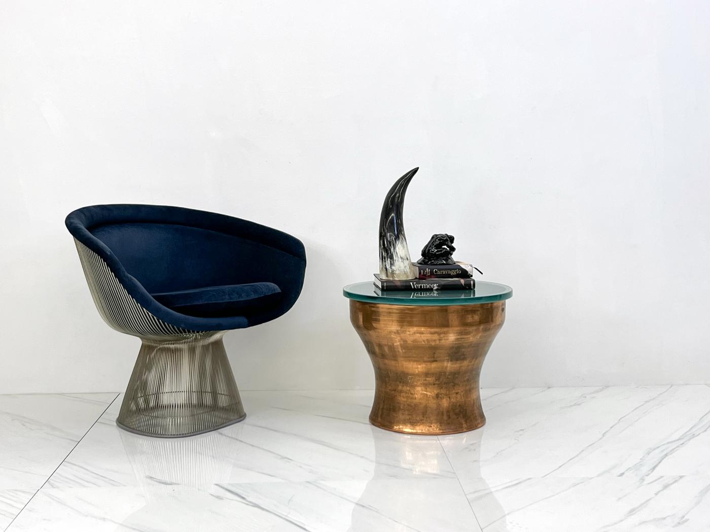 Karl Springer Copper Rain Drum Table With Original Textured Glass Top